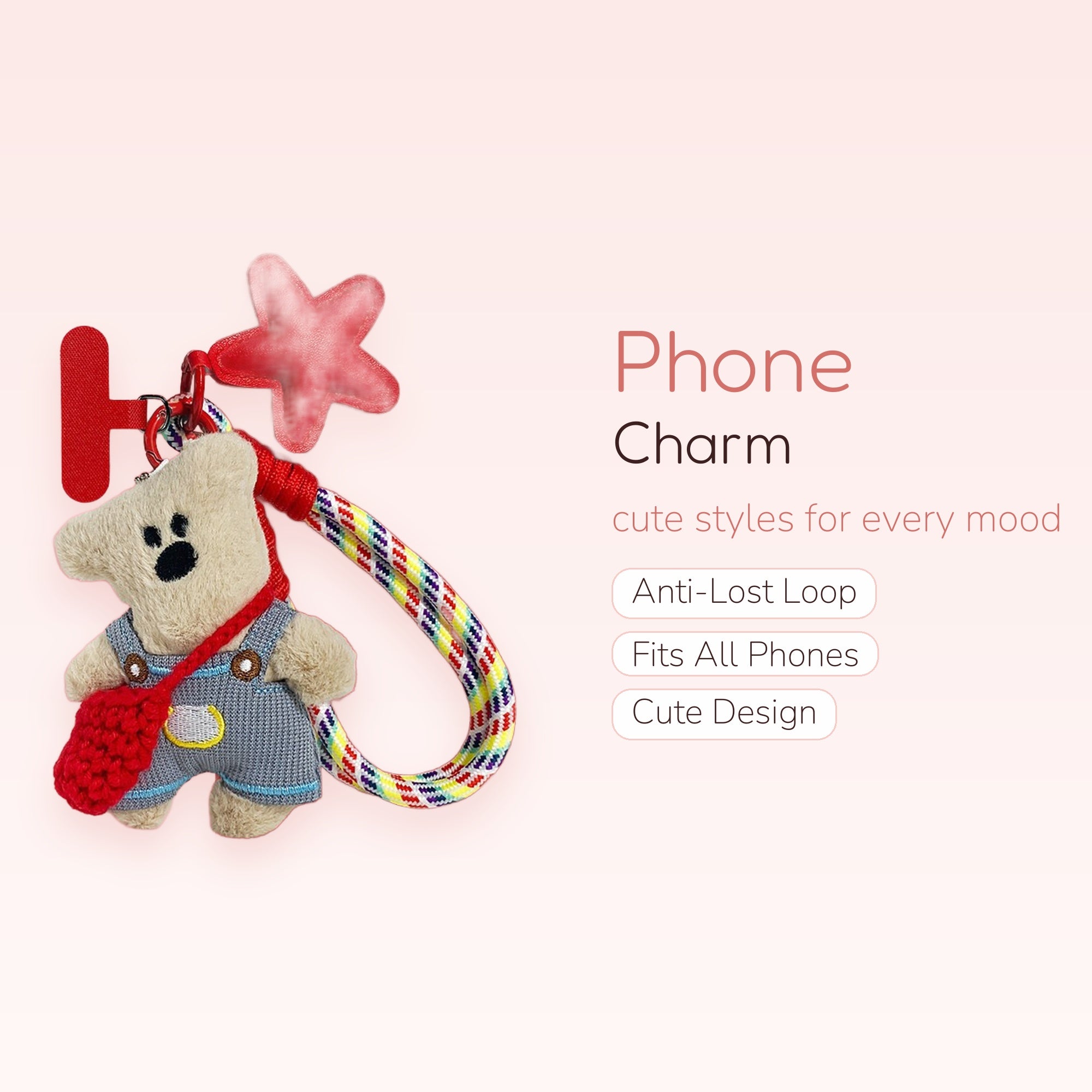 Cute Plush Bear & Red Star Phone Charm | Rainbow Woven Wrist Lanyard