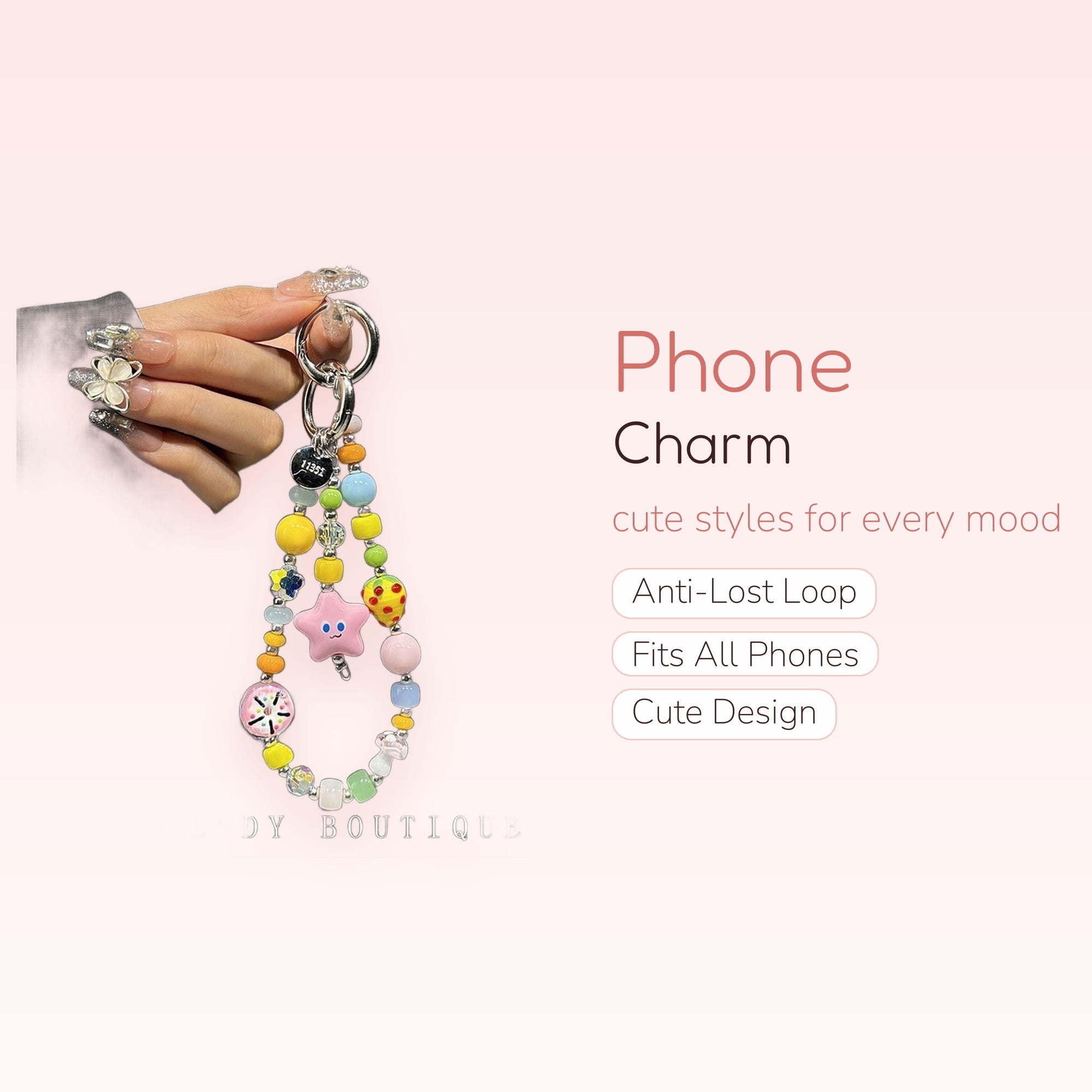 Kawaii Beaded Phone Charm Strap | Pastel Fruit & Star Wrist Lanyard