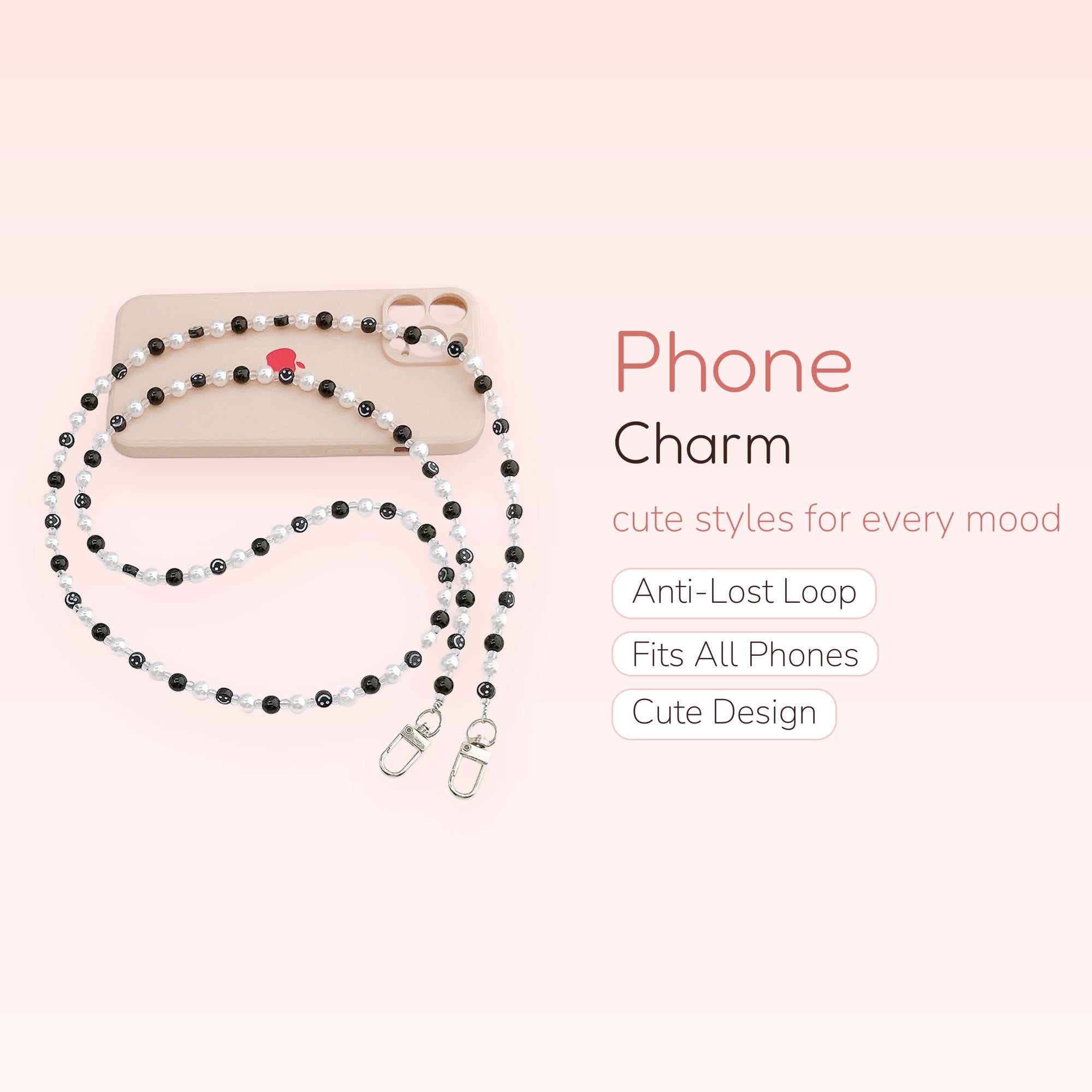 Black & White Pearl Beaded Phone Charm | Aesthetic Smiley Face Lanyard Strap