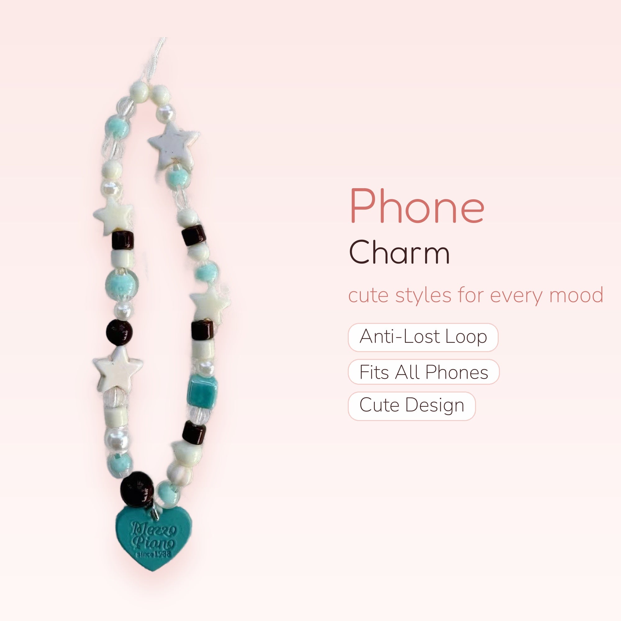 Kawaii Star & Cube Phone Charm | Pastel Beaded Wrist Lanyard with Heart Pendant