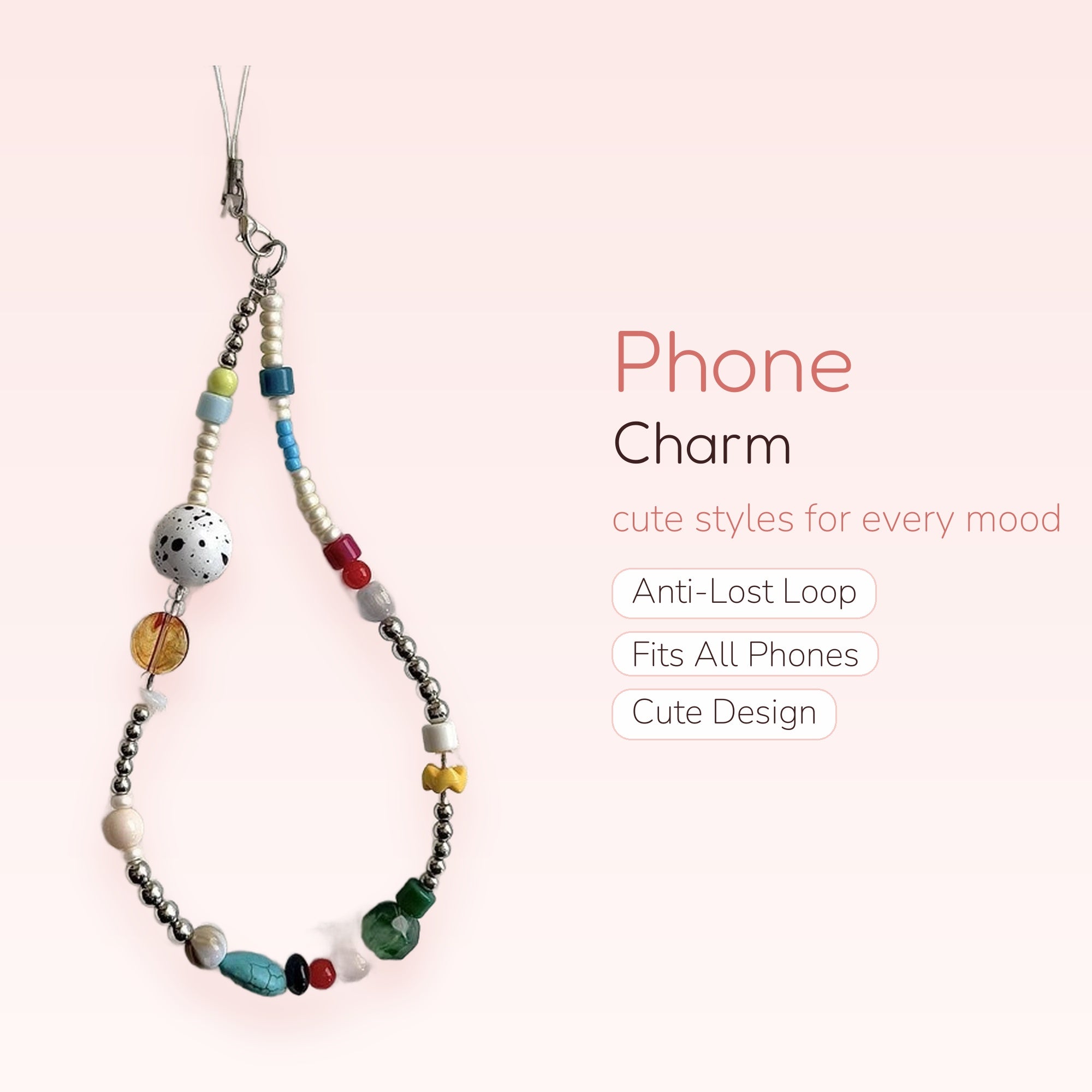 Aesthetic Pearl & Silver Beaded Phone Charm | Colorful Speckled Bead Wrist Strap