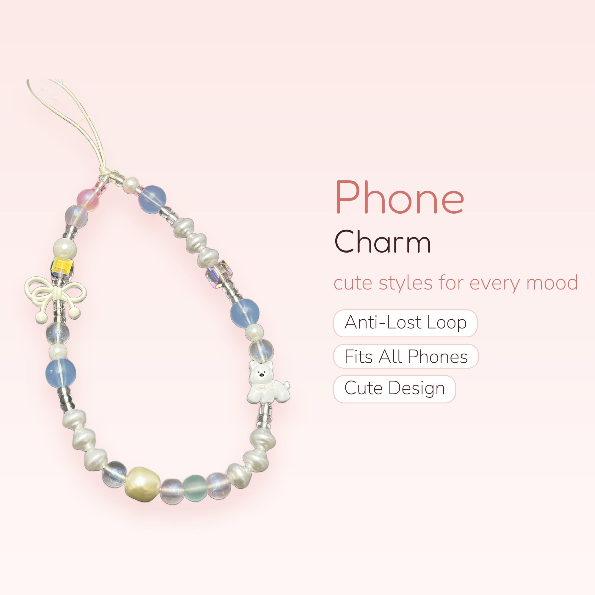 Kawaii Pearl & Pastel Beaded Phone Charm | Cute Dog & Bow Wrist Strap