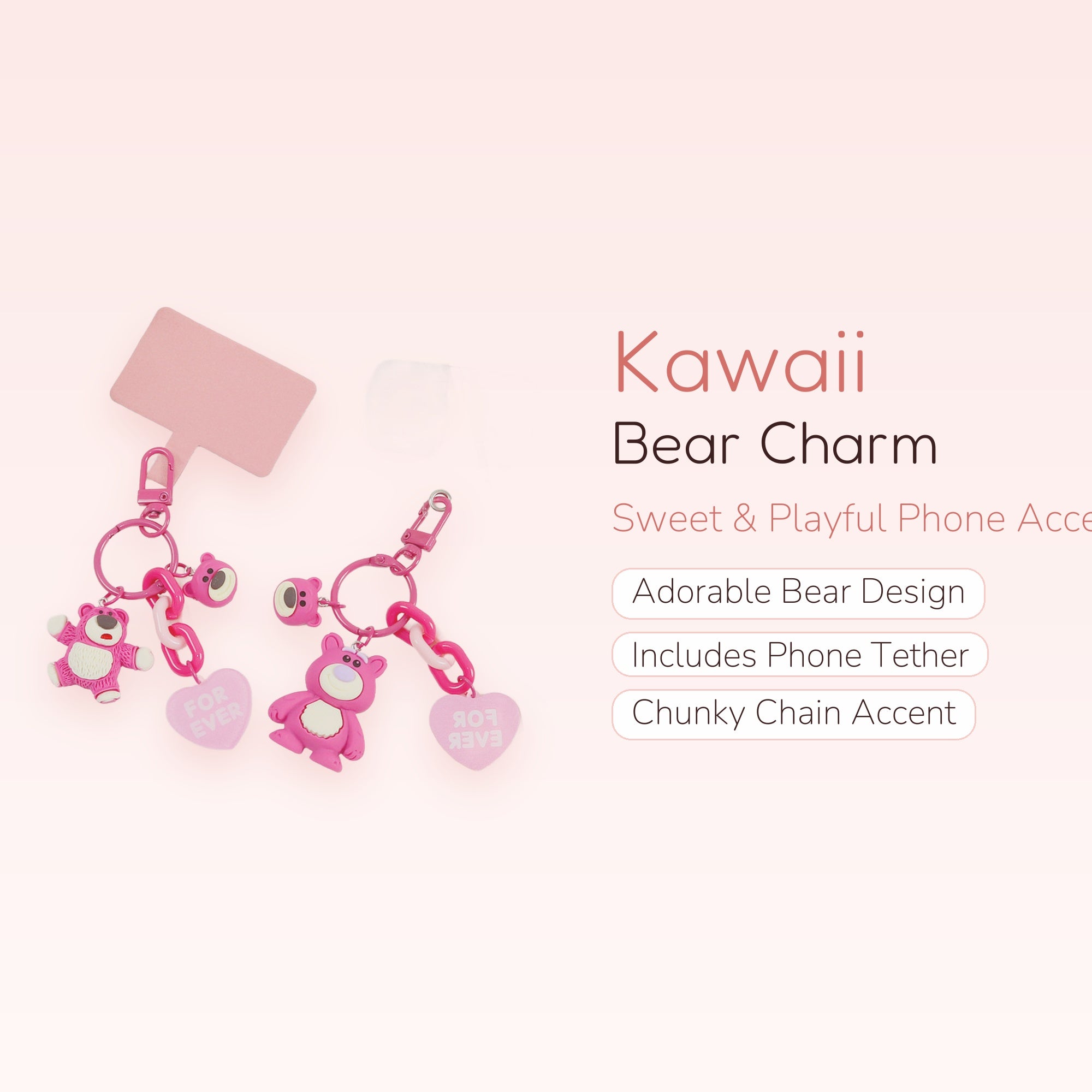 Cute Pink Bear Phone Charm Strap | Kawaii Heart Lanyard Keychain