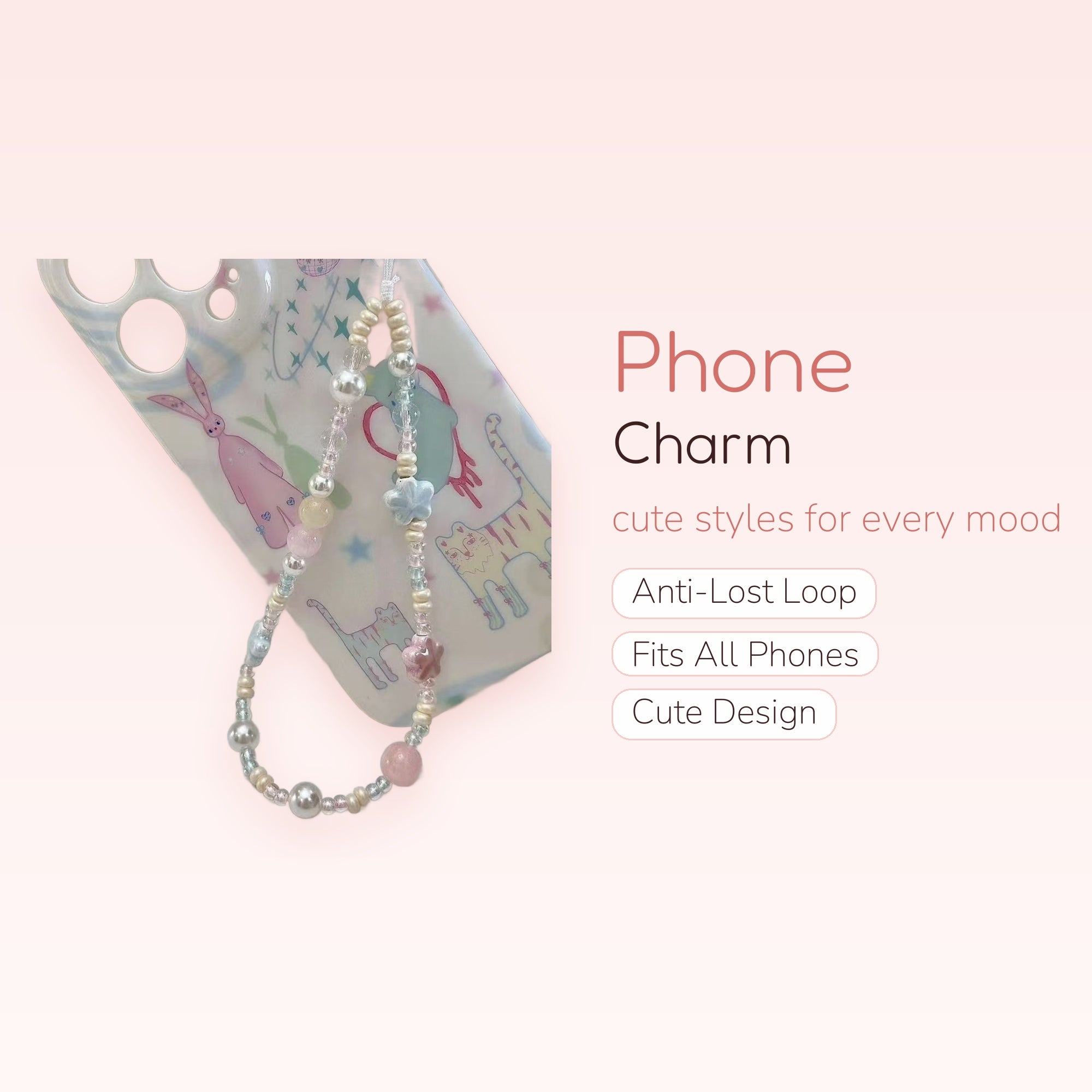 Kawaii Pastel Beaded Phone Charm Strap | Pearl & Star Wrist Lanyard