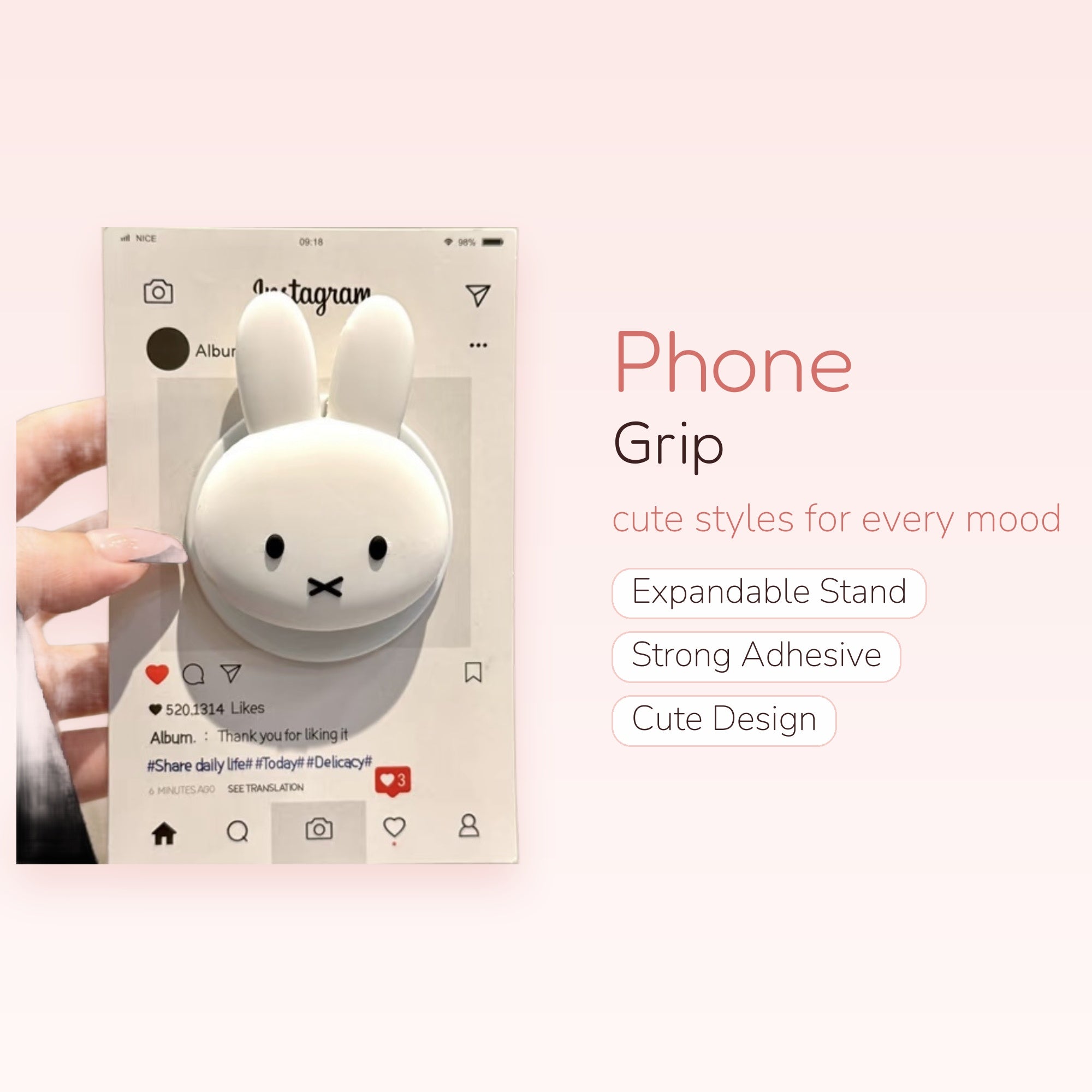 Cute White Miffy Bunny Phone Grip | Kawaii Pop Socket Stand