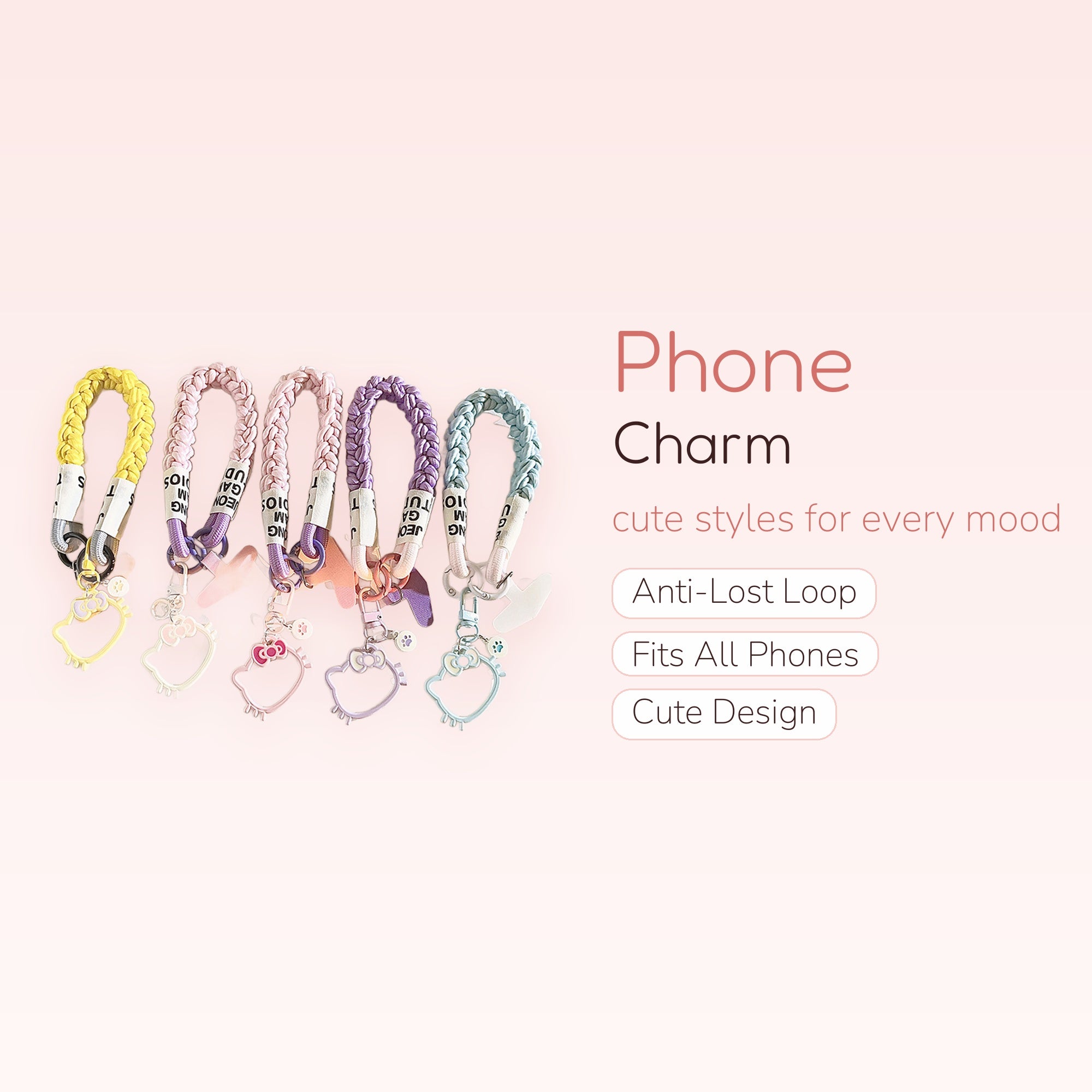 Braided Hello Kitty Phone Charm Strap | Pastel Wrist Lanyard with Cartoon Pendant