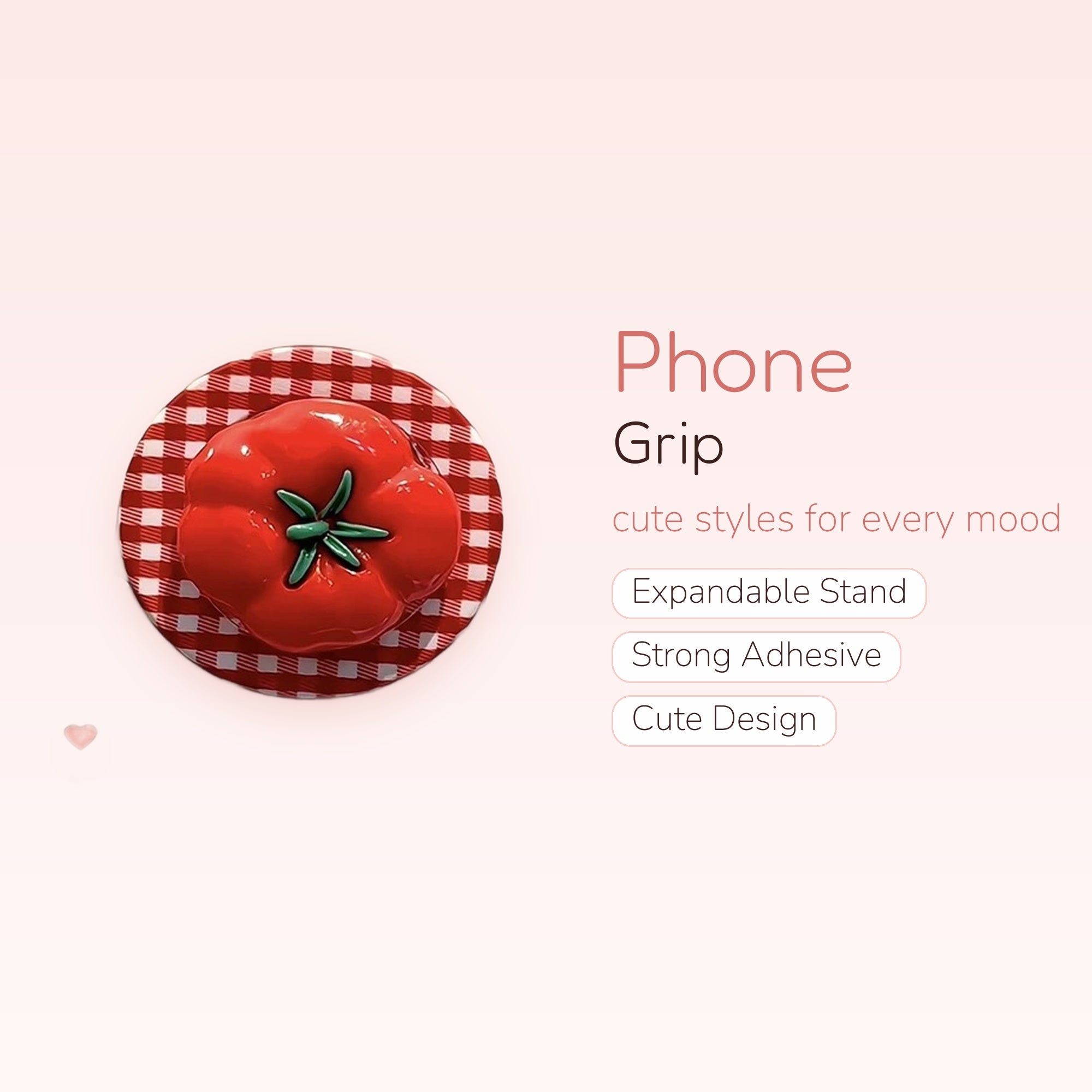 Kawaii Red Tomato Phone Grip | Aesthetic Gingham Pop Socket Stand