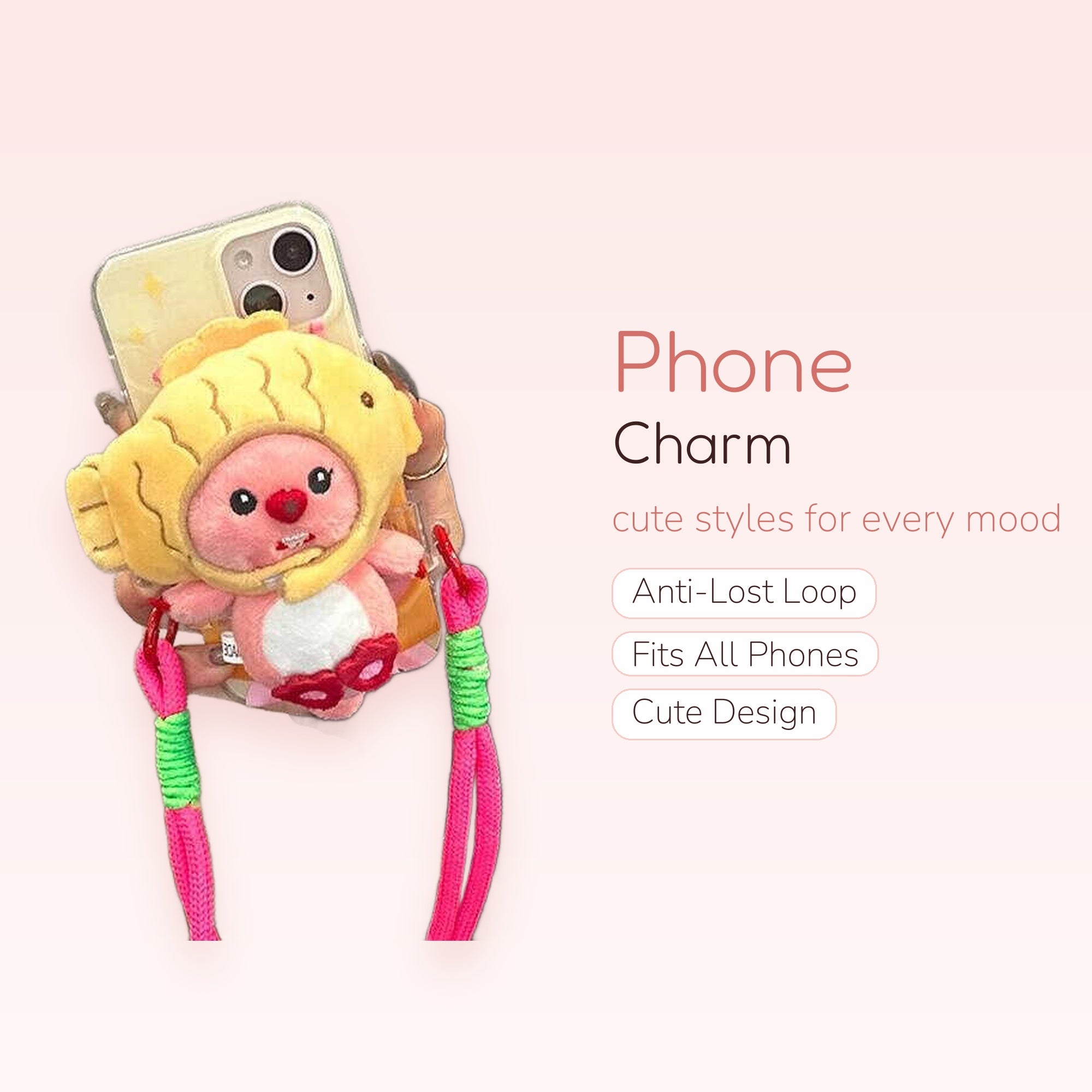 Kawaii Pink Plush Fish Phone Charm | Cute Taiyaki Animal Lanyard