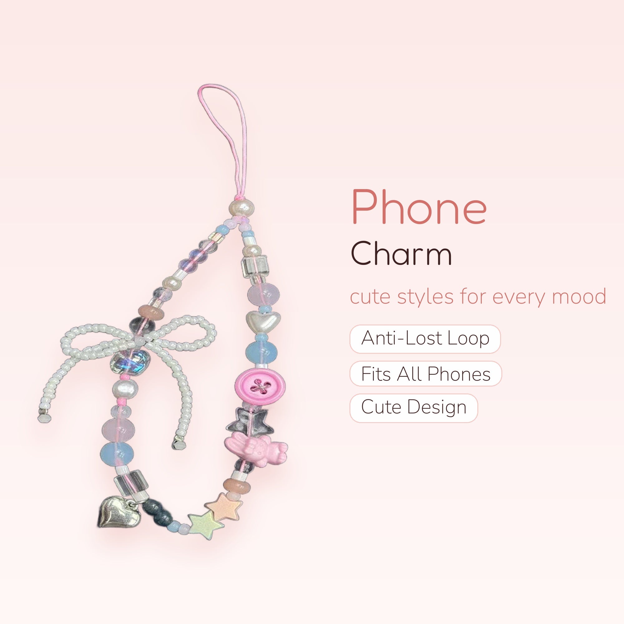 Pastel Beaded Phone Charm Strap with Bow & Heart Charms | Kawaii Y2K Wrist Lanyard