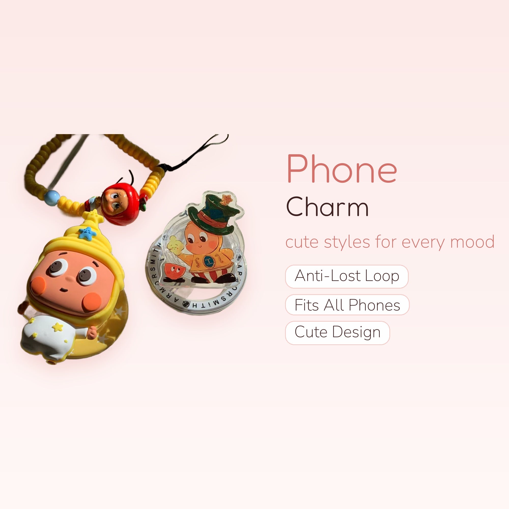 Cute Yellow & Red Cartoon Character Phone Charm | Kawaii Beaded Wrist Lanyard