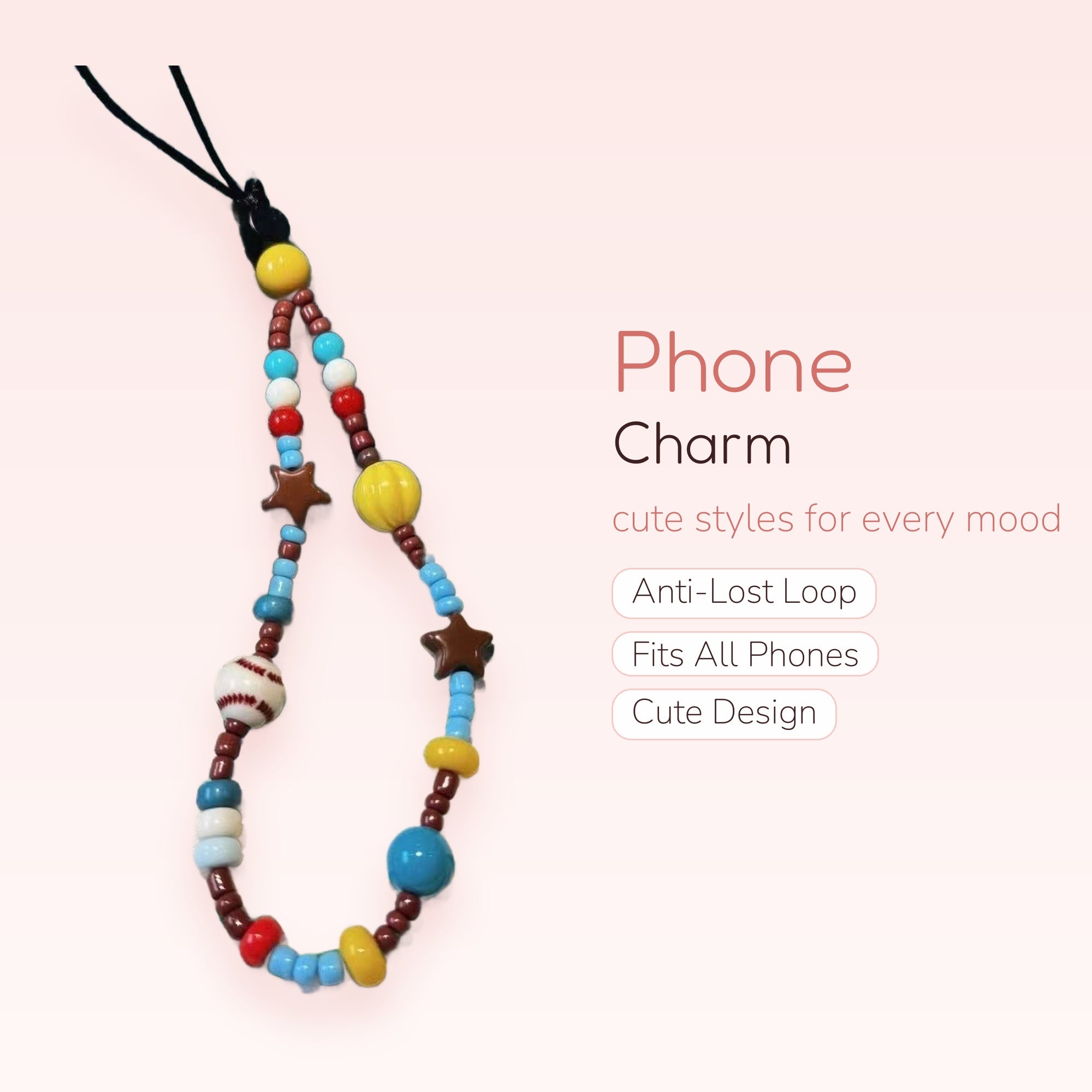 Kawaii Beaded Phone Charm Strap | Y2K Star & Baseball Wrist Lanyard