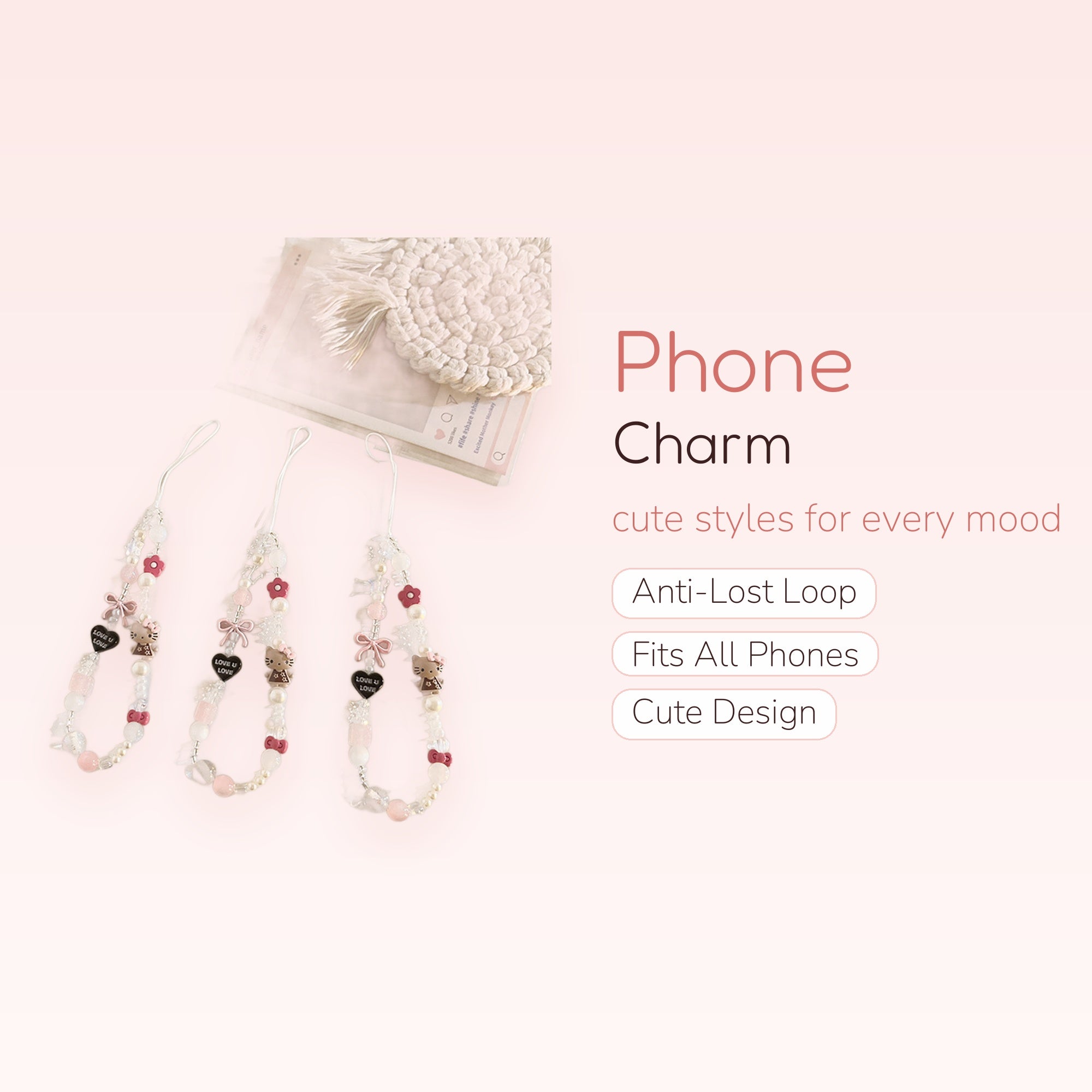 Kawaii Pearl & Pink Beaded Phone Charm | Cute Hello Kitty Wrist Strap