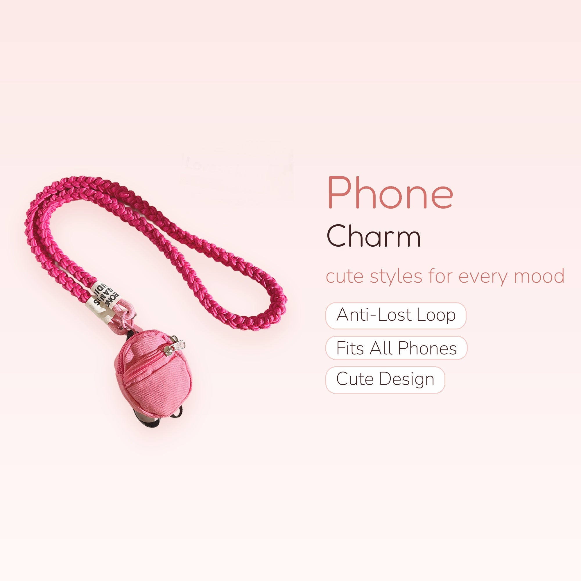 Hot Pink Braided Lanyard Phone Charm | Mini Backpack Keychain Strap