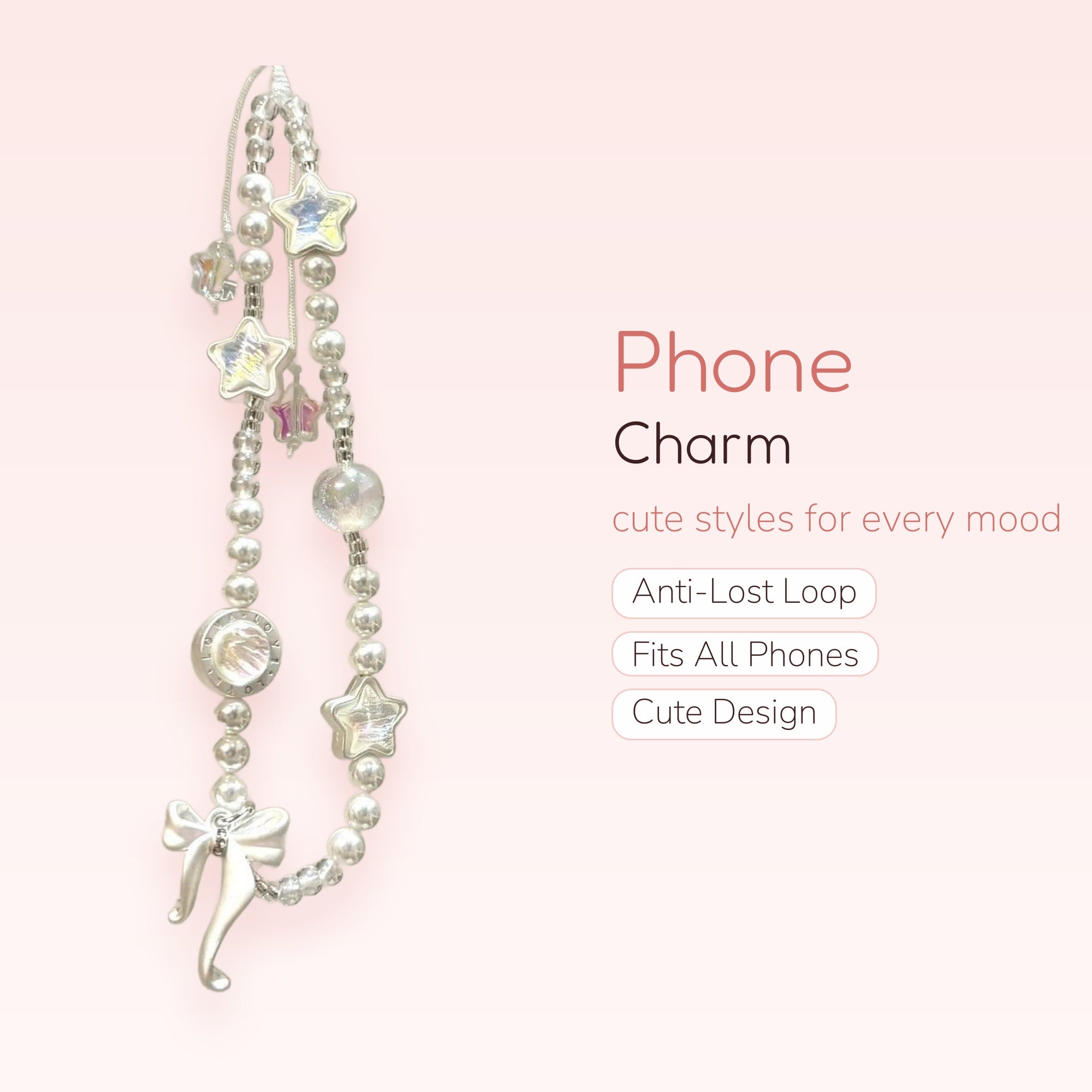 Iridescent Star & Pearl Phone Charm Strap | Aesthetic Beaded Wrist Lanyard