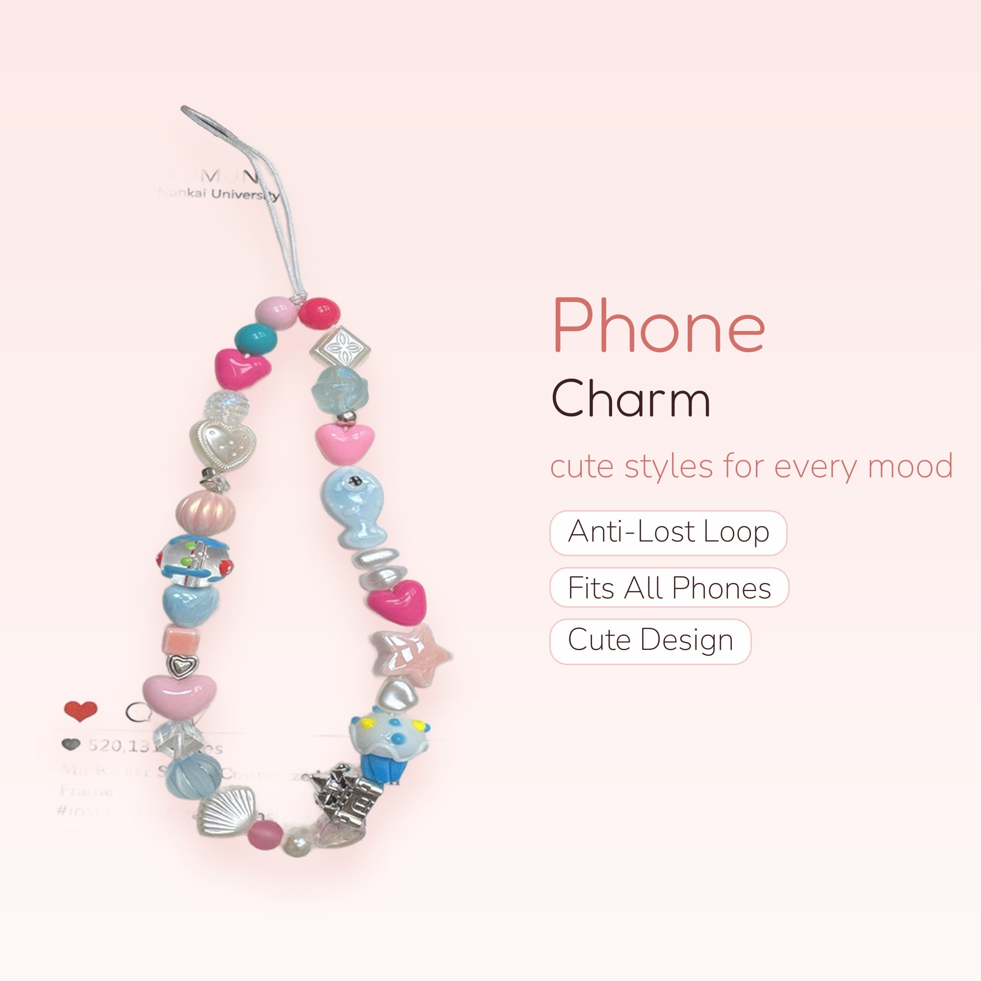 Kawaii Pastel Beaded Phone Charm Strap | Cute Heart & Cupcake Wrist Lanyard