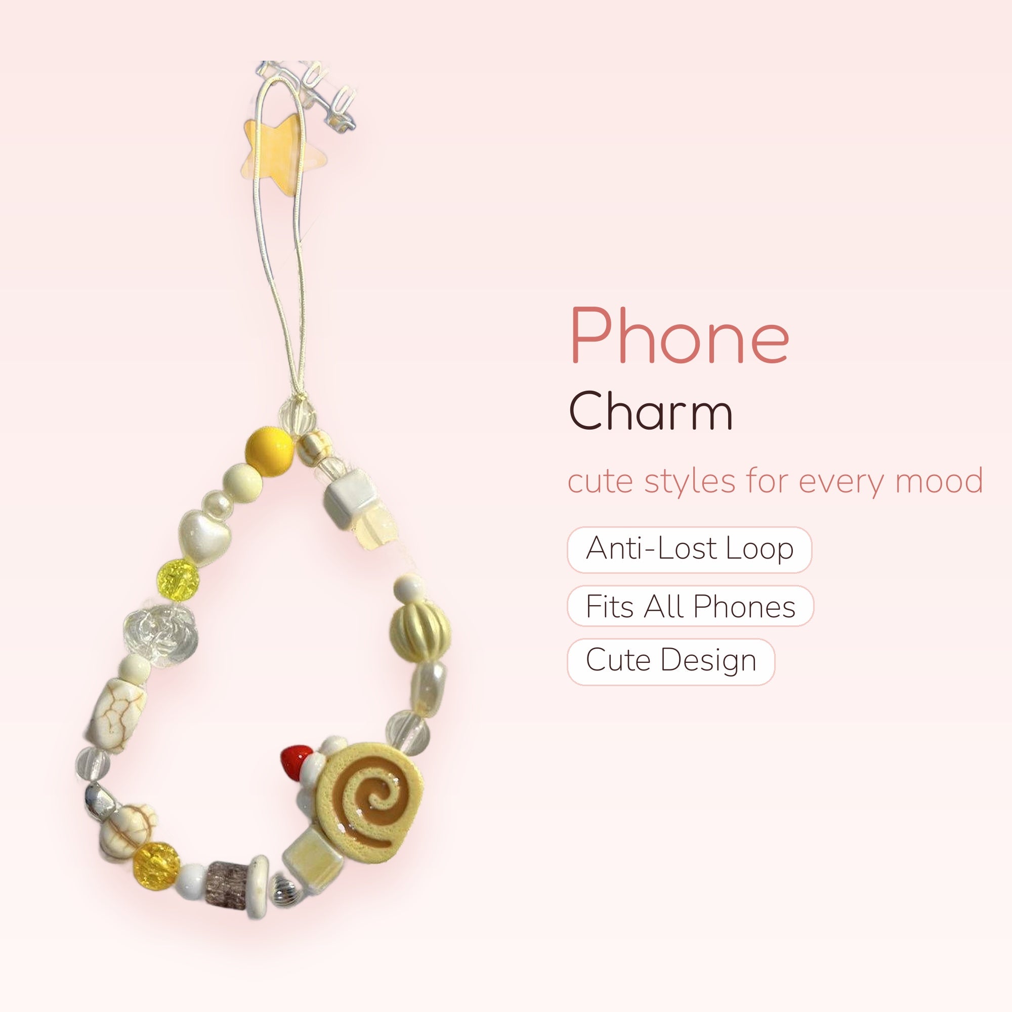 Kawaii Pastel Yellow & White Beaded Phone Charm | Cute Cake Roll Wrist Strap