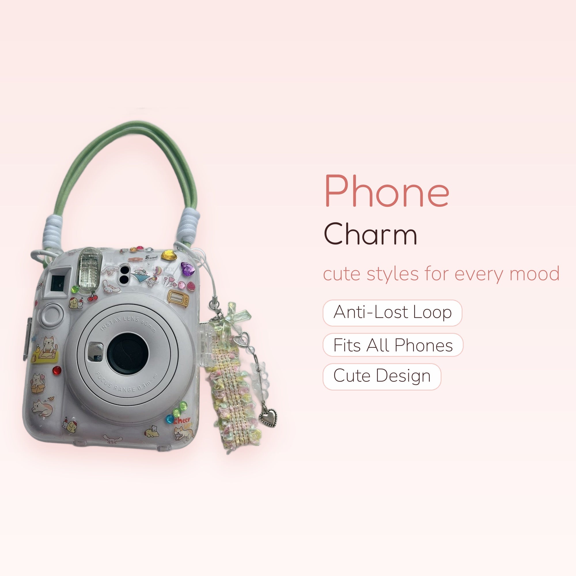 Pastel Beaded & Ribbon Phone Charm | Kawaii Heart & Cross Wrist Strap