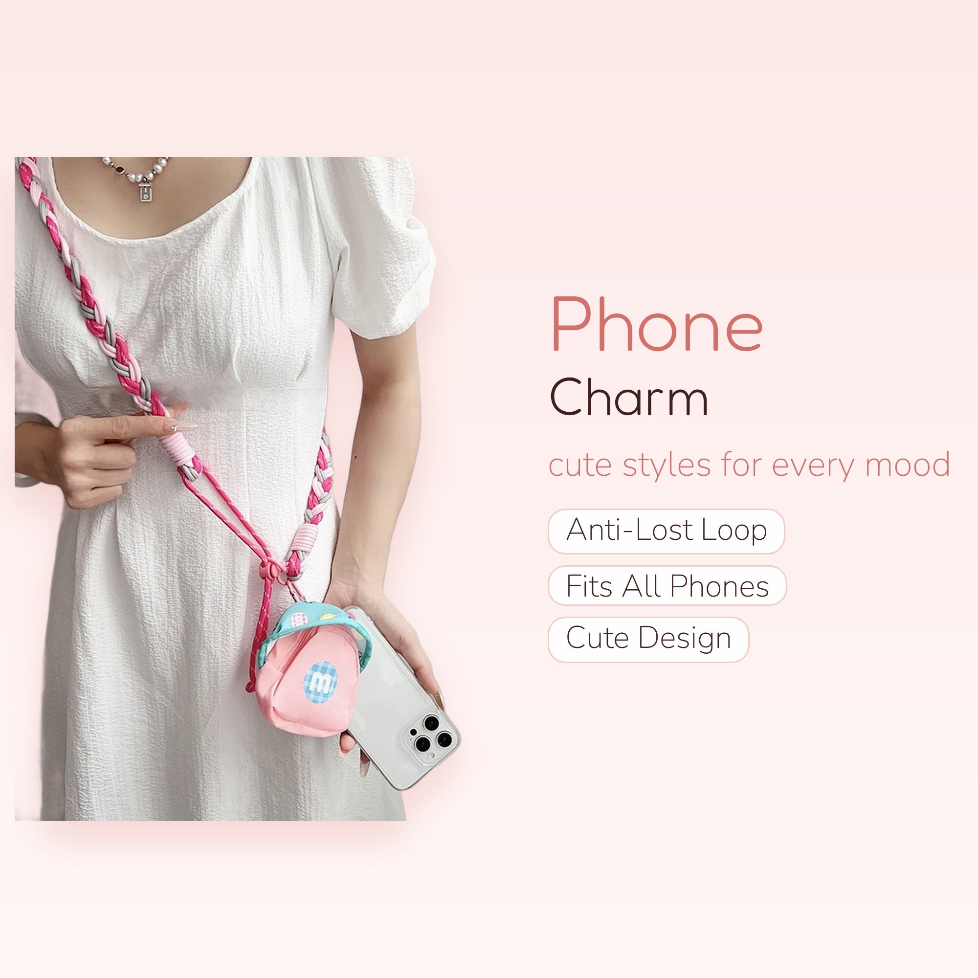 Kawaii Braided Lanyard Phone Charm | Pink & Gray Crossbody Strap with Mini Bag
