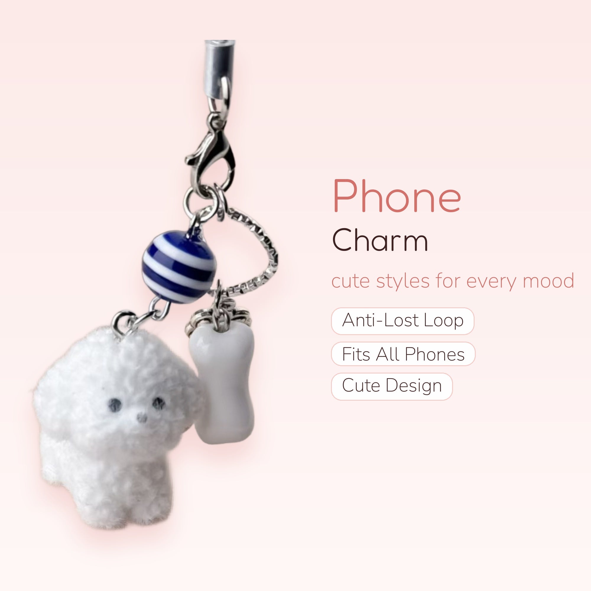 Cute Fluffy White Dog Phone Charm | Blue Striped Bead & Bone Pendant