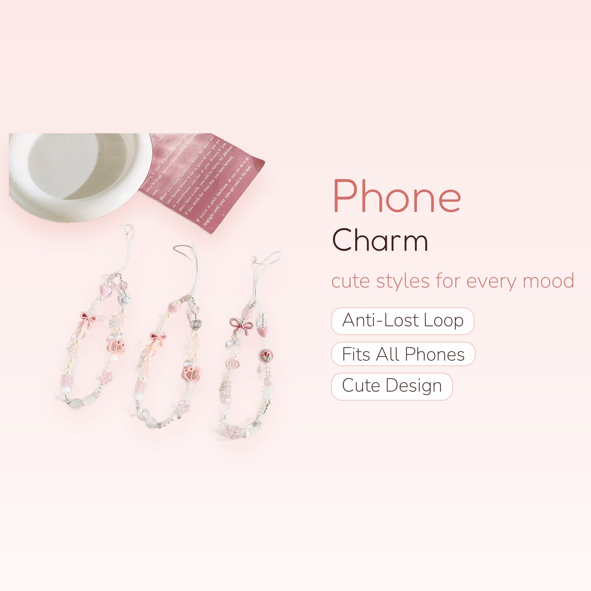 Kawaii Pink & White Beaded Phone Charm Strap | Aesthetic Pearl & Heart Wrist Lanyard
