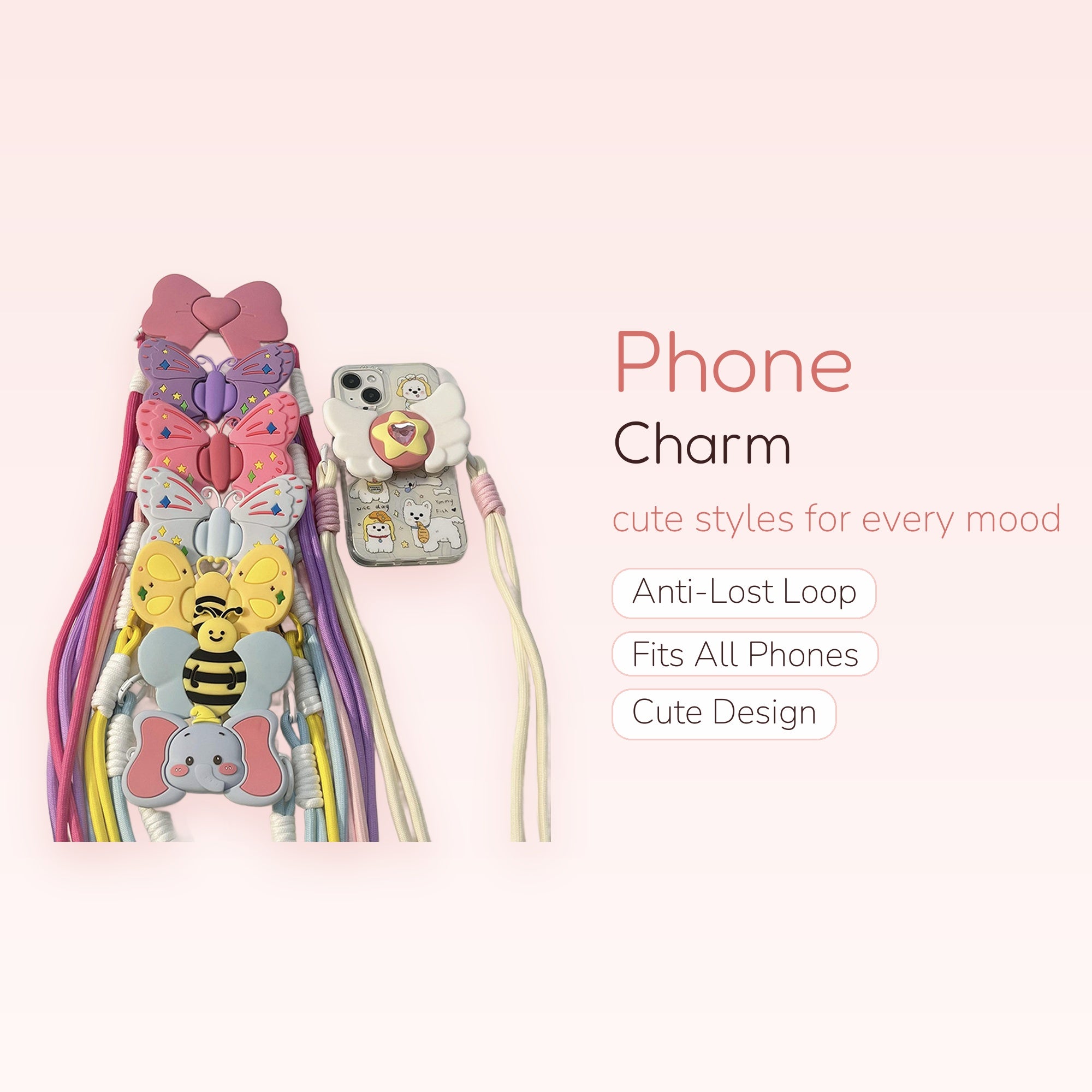 Kawaii Butterfly & Animal Silicone Phone Charm Lanyard | Pastel Rainbow Wrist Strap