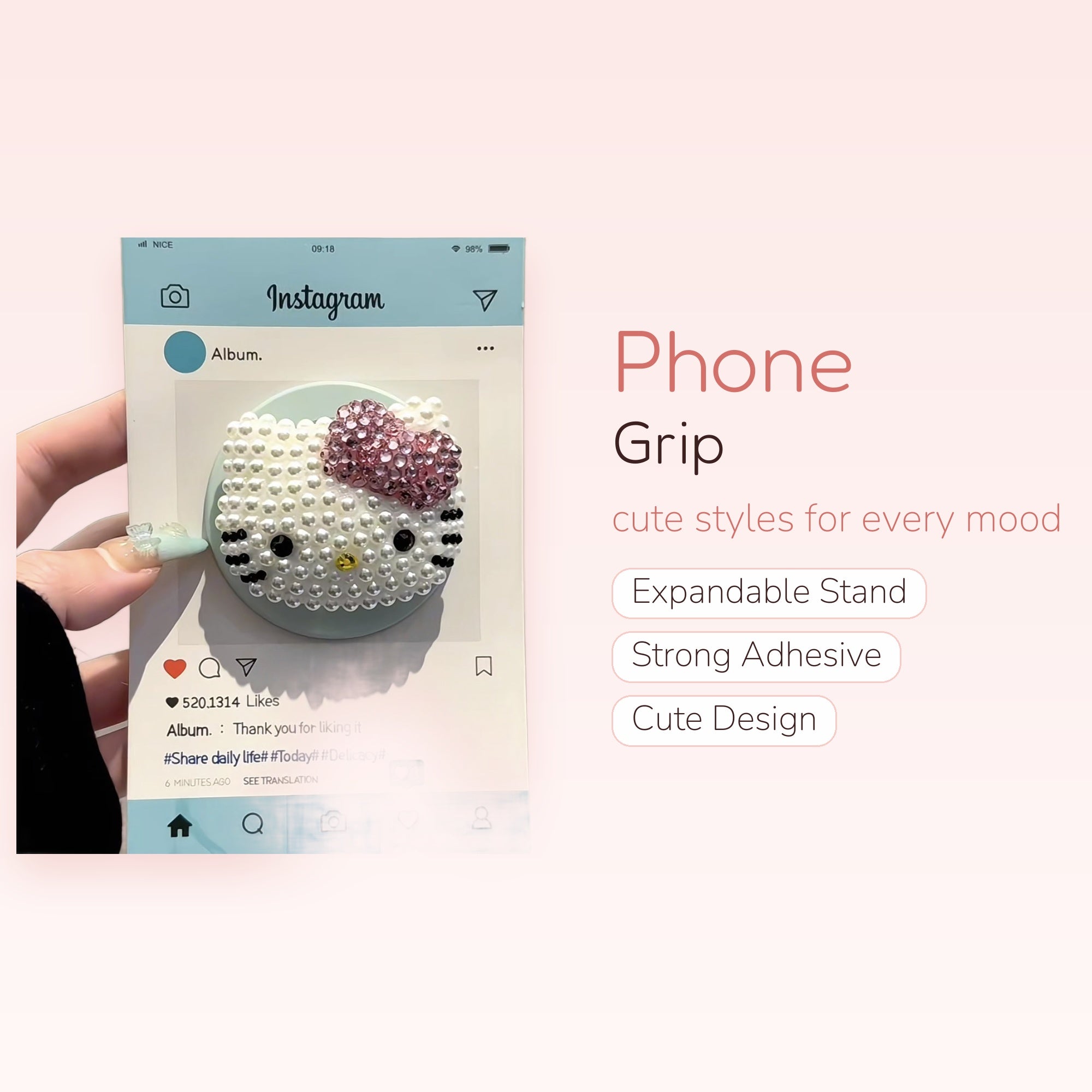 Kawaii Pearl Hello Kitty Phone Grip | Cute Pink Rhinestone Pop Socket Stand