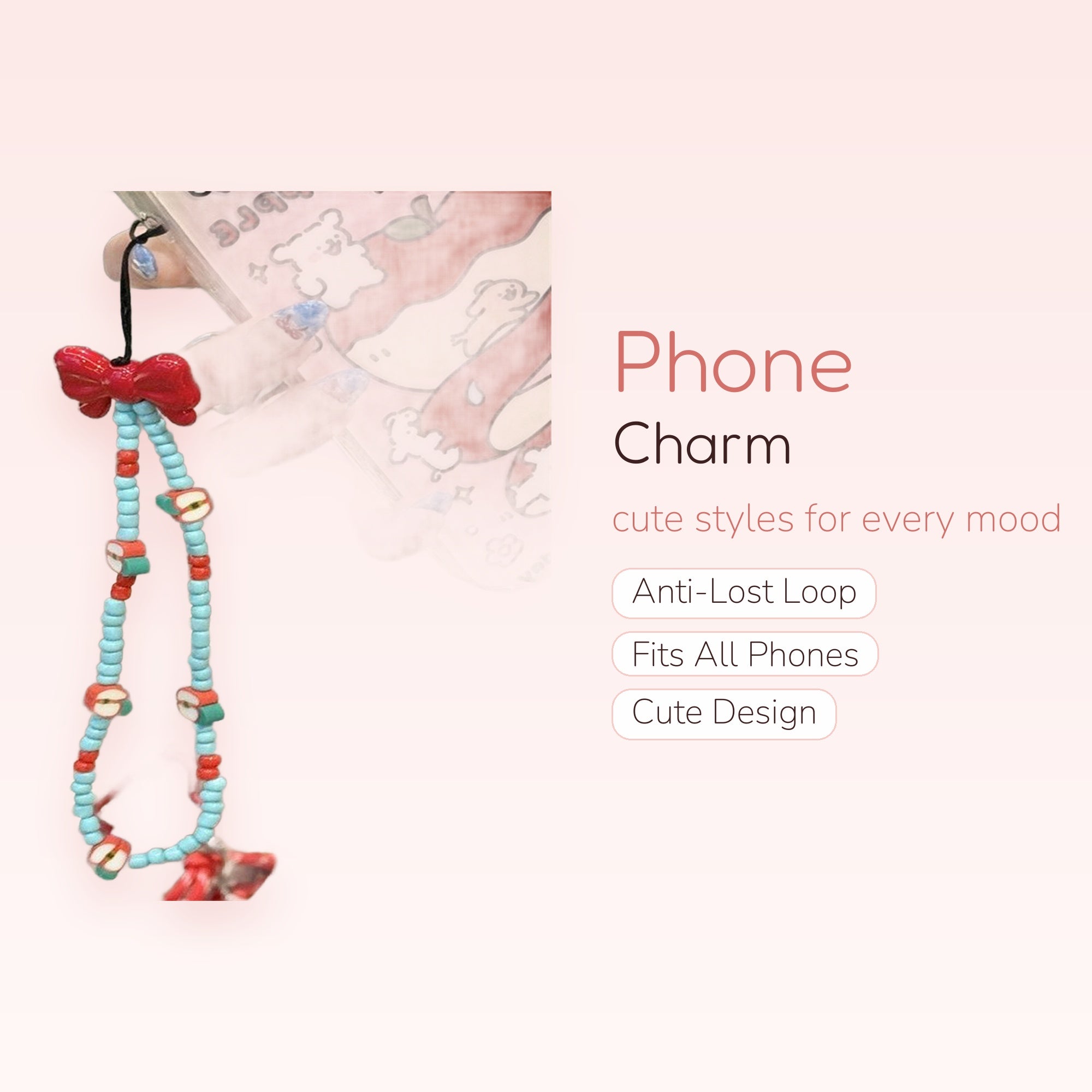 Cute Red Bow & Apple Beaded Phone Charm | Aesthetic Blue & Red Wrist Strap