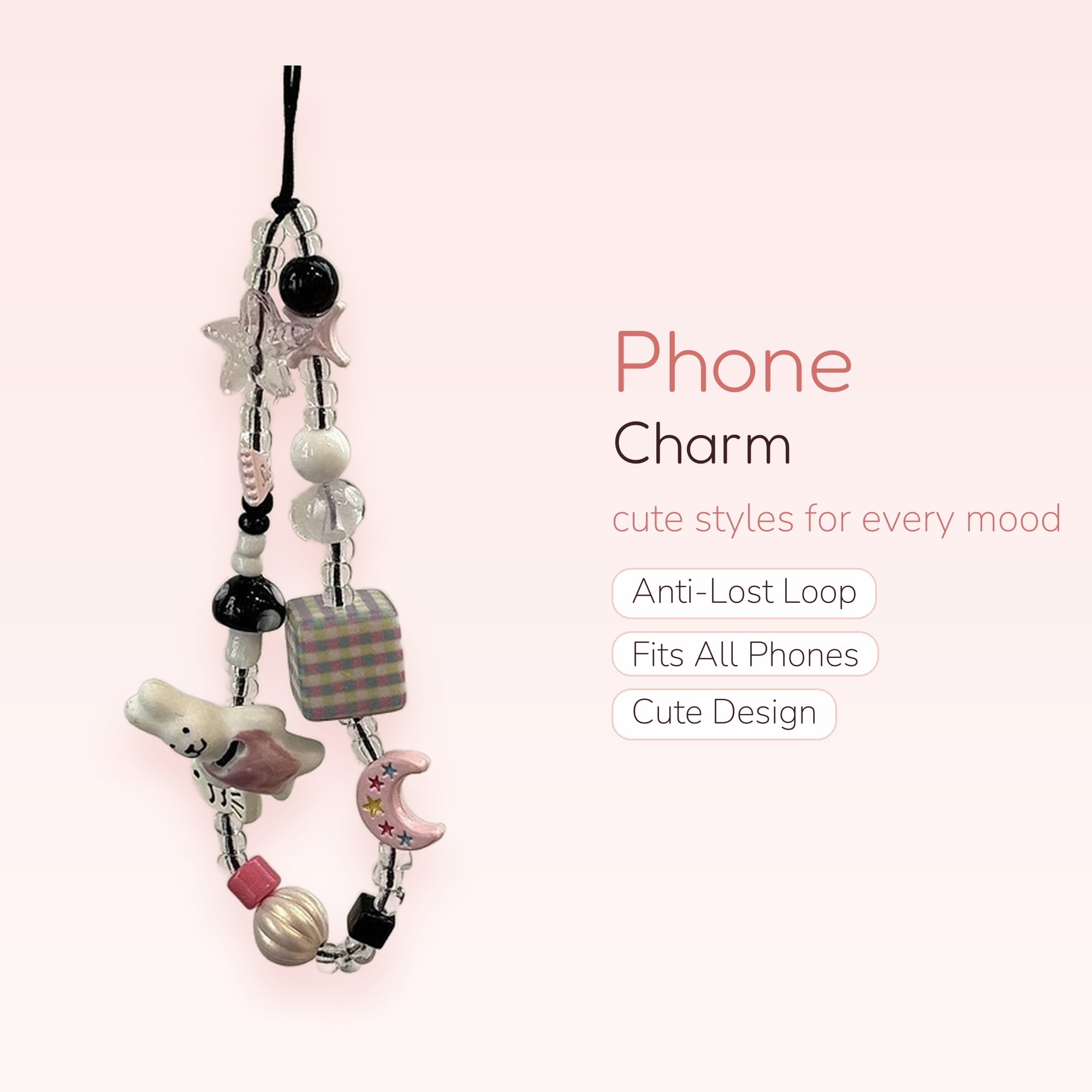 Kawaii Black & White Beaded Phone Charm | Pastel Pink Star & Bunny Wrist Strap