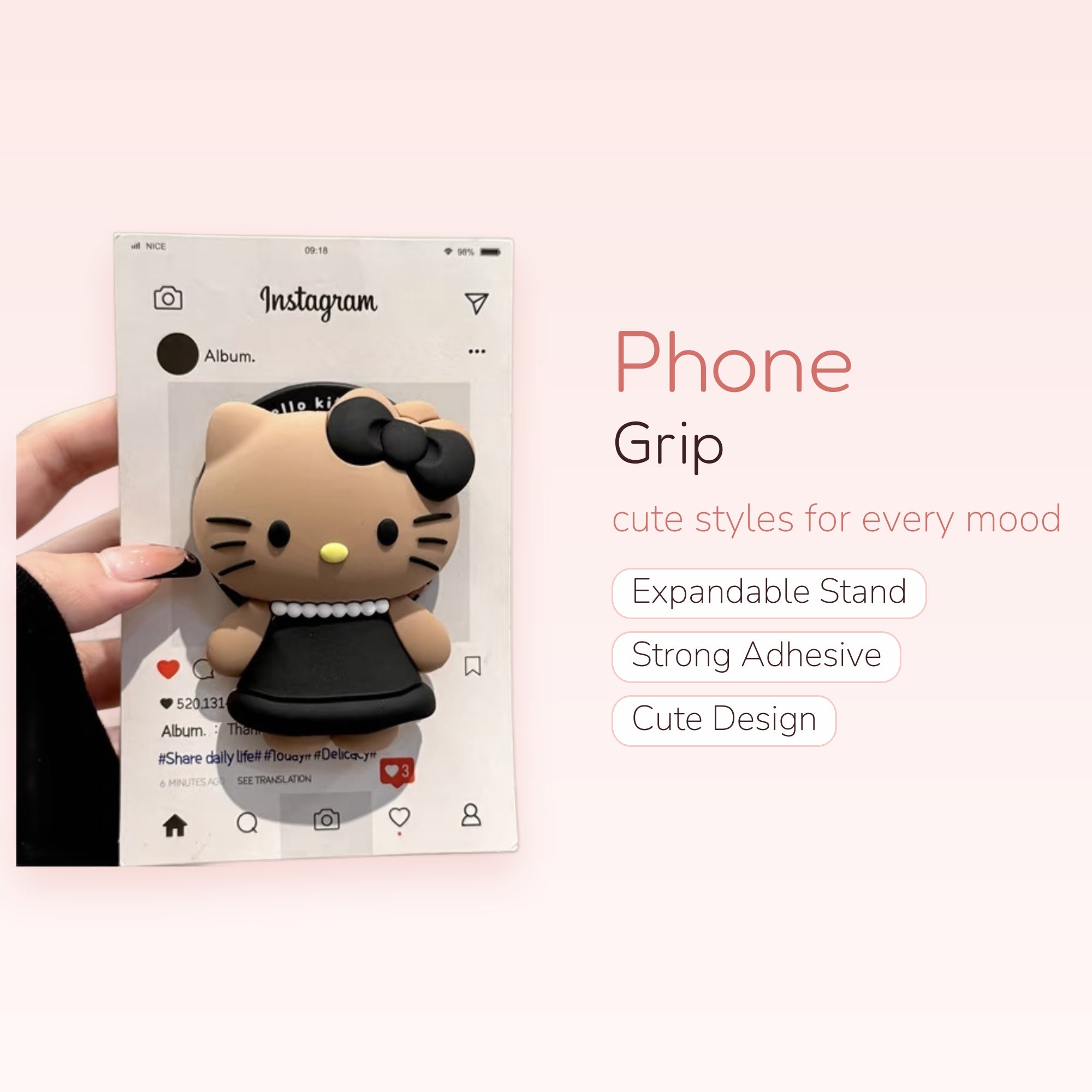 Kawaii Hello Kitty Black Dress Phone Grip | Cute Brown Pop Socket Stand
