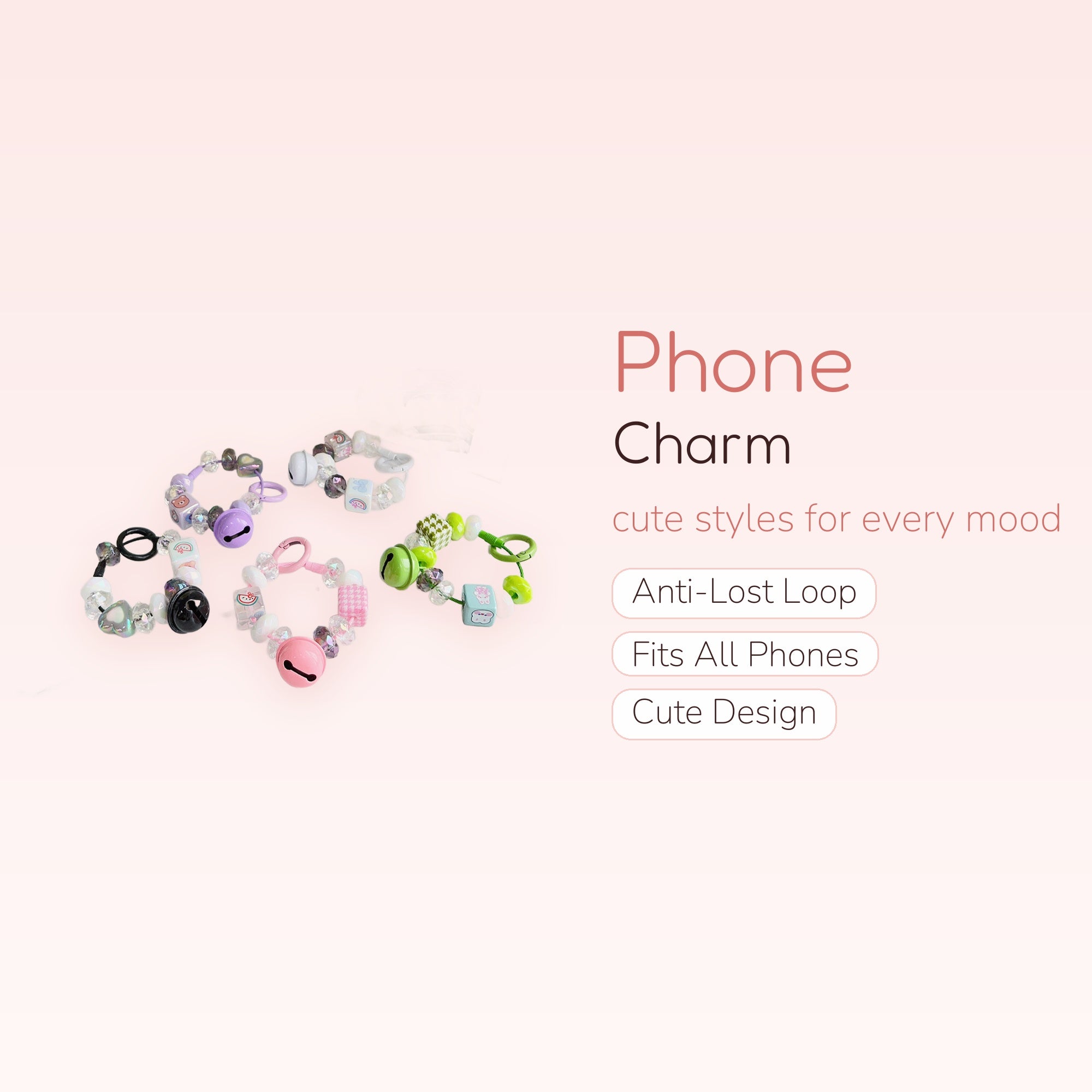 Kawaii Bell & Cube Beaded Phone Charm Strap | Pastel Aesthetic Wrist Lanyard
