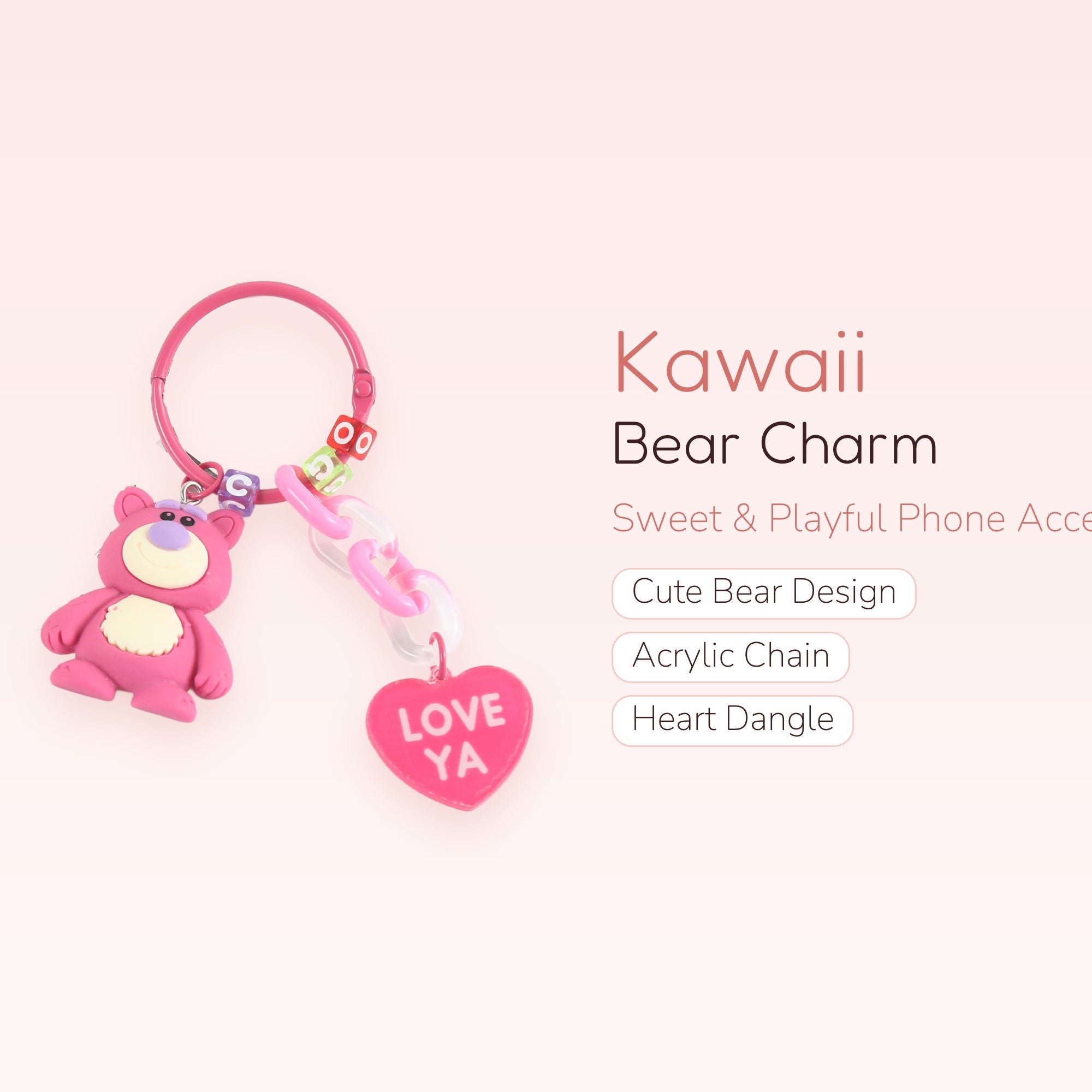 Pink Bear & Heart Phone Charm | Kawaii Acrylic Lanyard