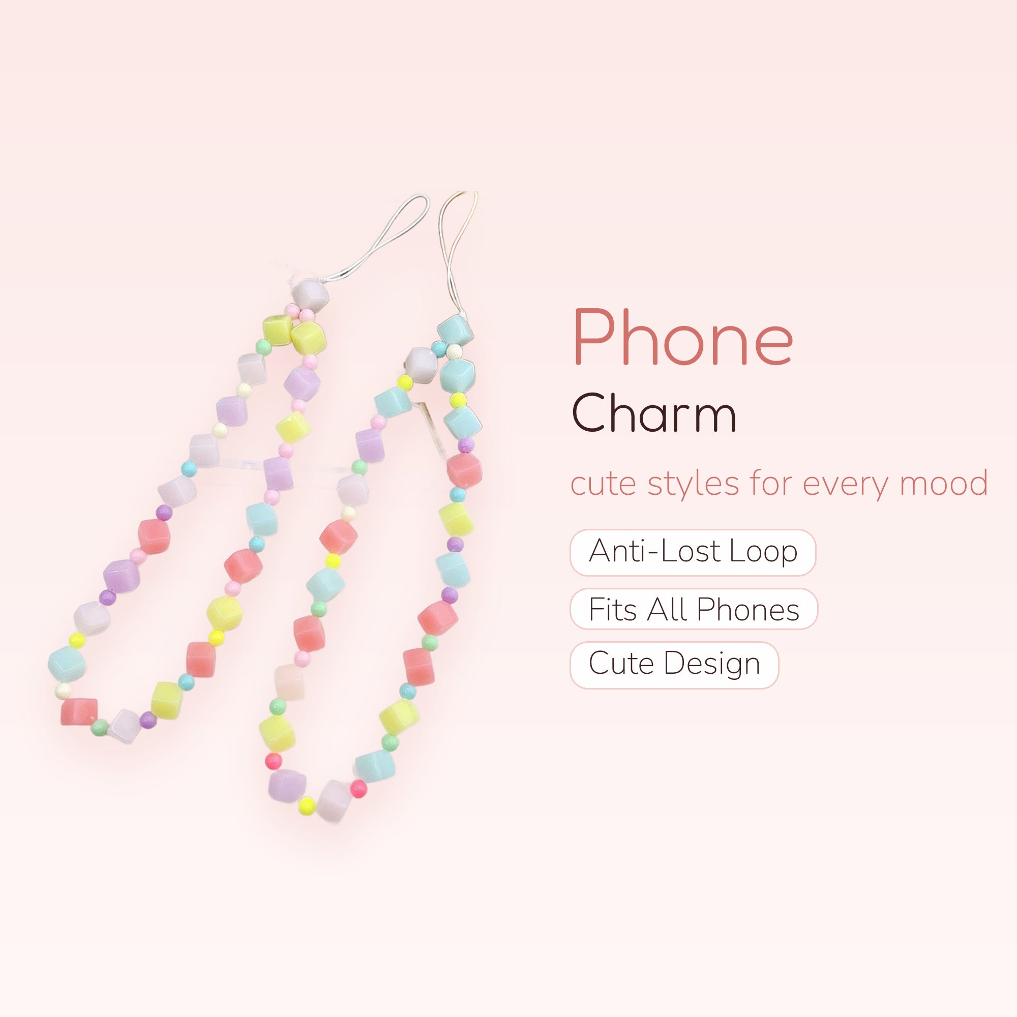 Pastel Cube & Round Bead Phone Charm | Kawaii Beaded Wrist Strap