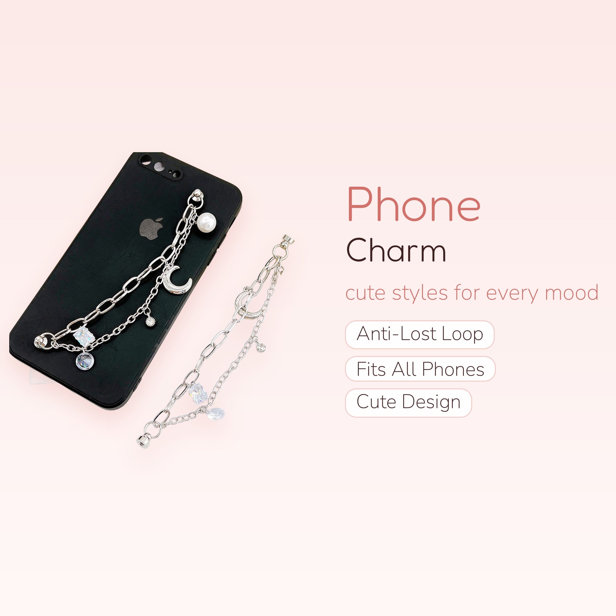 Aesthetic Silver Chain Phone Charm | Moon & Crystal Y2K Phone Strap