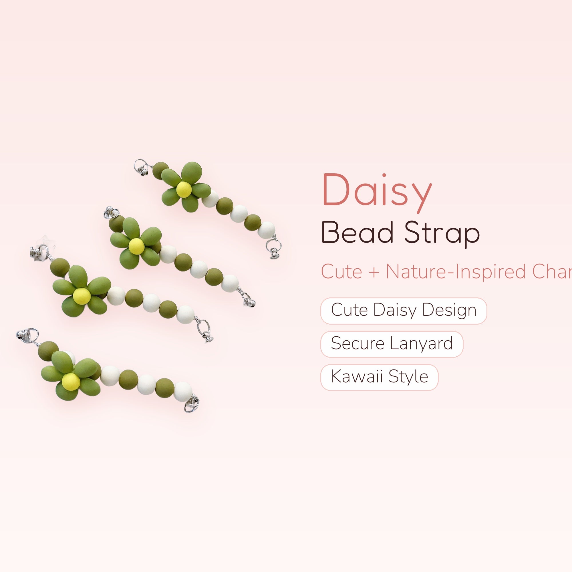 Cute Daisy Beaded Phone Charm Strap | Green & White Wrist Lanyard