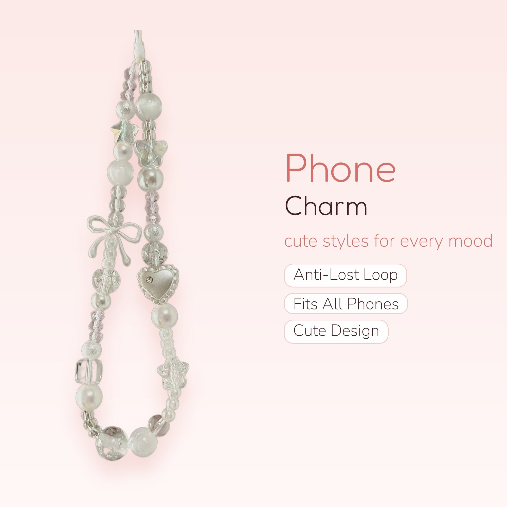 Kawaii Pearl & Clear Bead Phone Charm | White Bow & Heart Wrist Strap