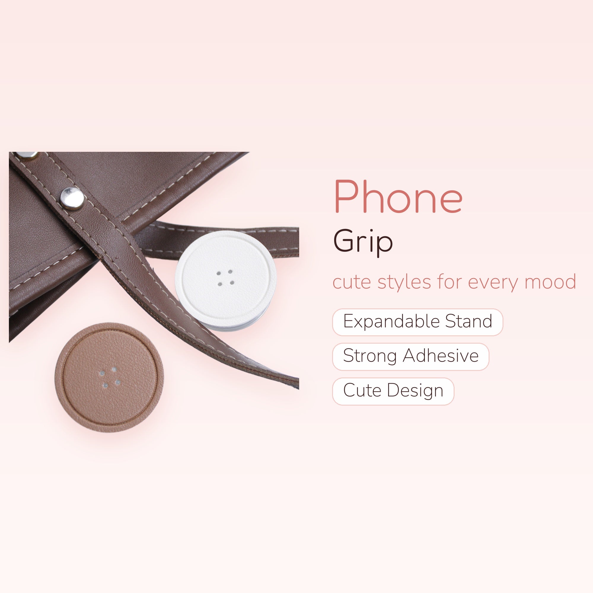 Brown & White Faux Leather Button Phone Grip | Aesthetic Pop Socket Stand