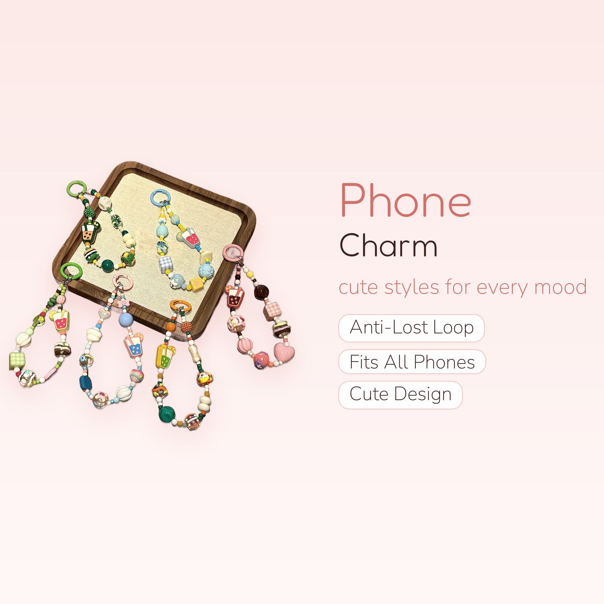 Kawaii Boba & Dessert Beaded Phone Charm Strap | Pastel Aesthetic Wrist Lanyard