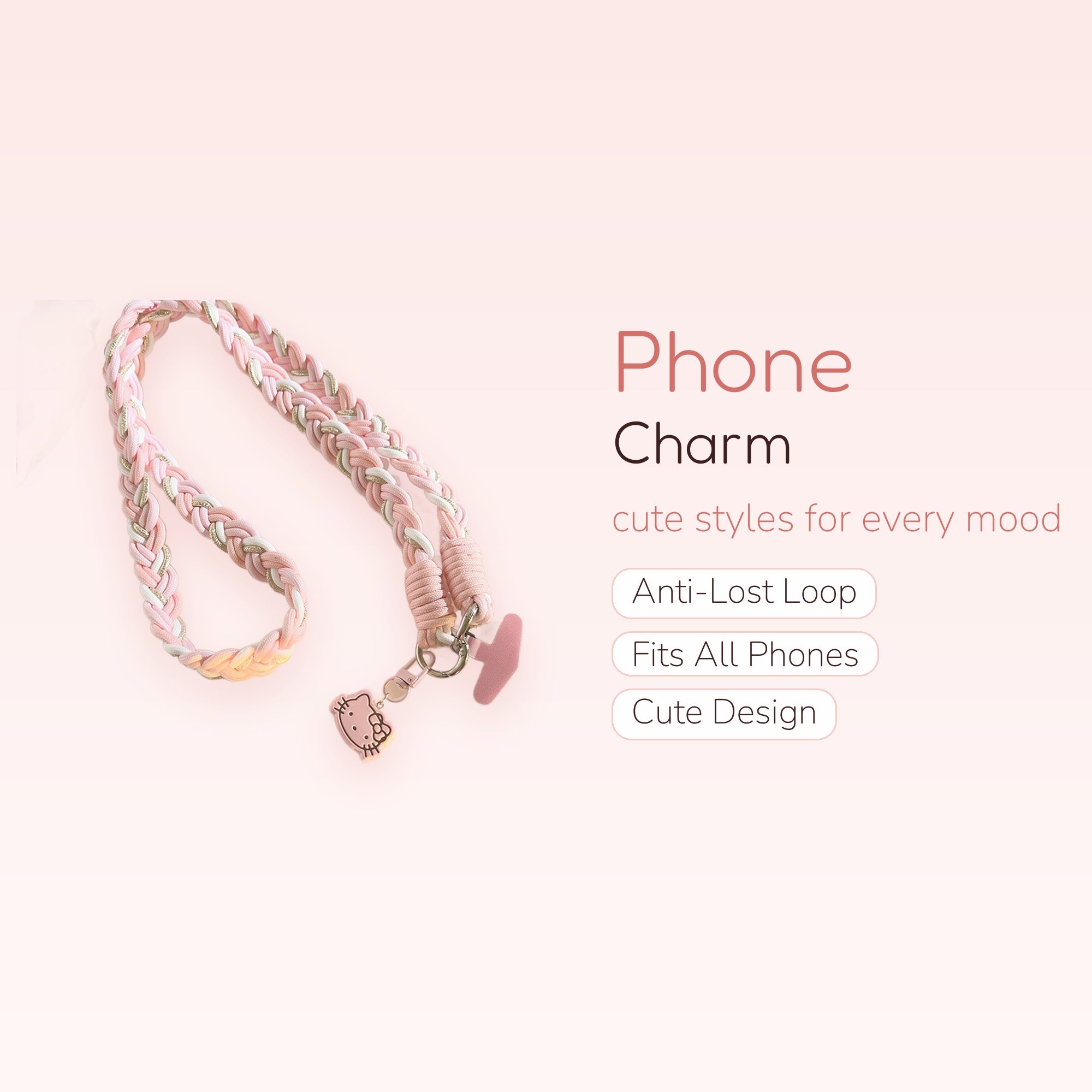 Braided Pink & White Lanyard Phone Charm | Hello Kitty Wrist Strap