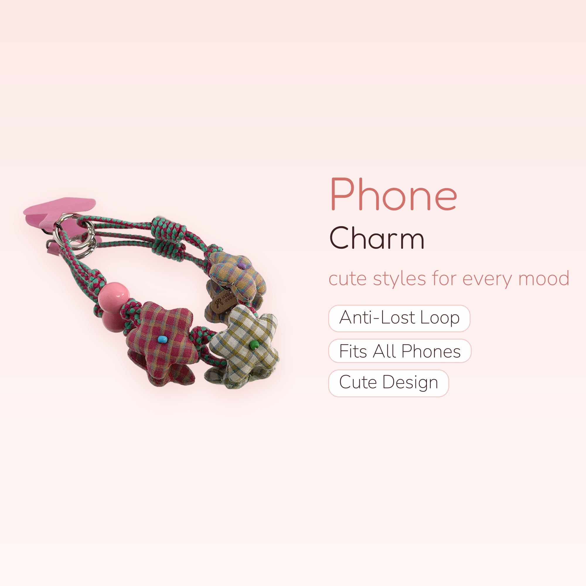 Kawaii Plaid Star Phone Charm | Pink & Green Braided Wrist Strap