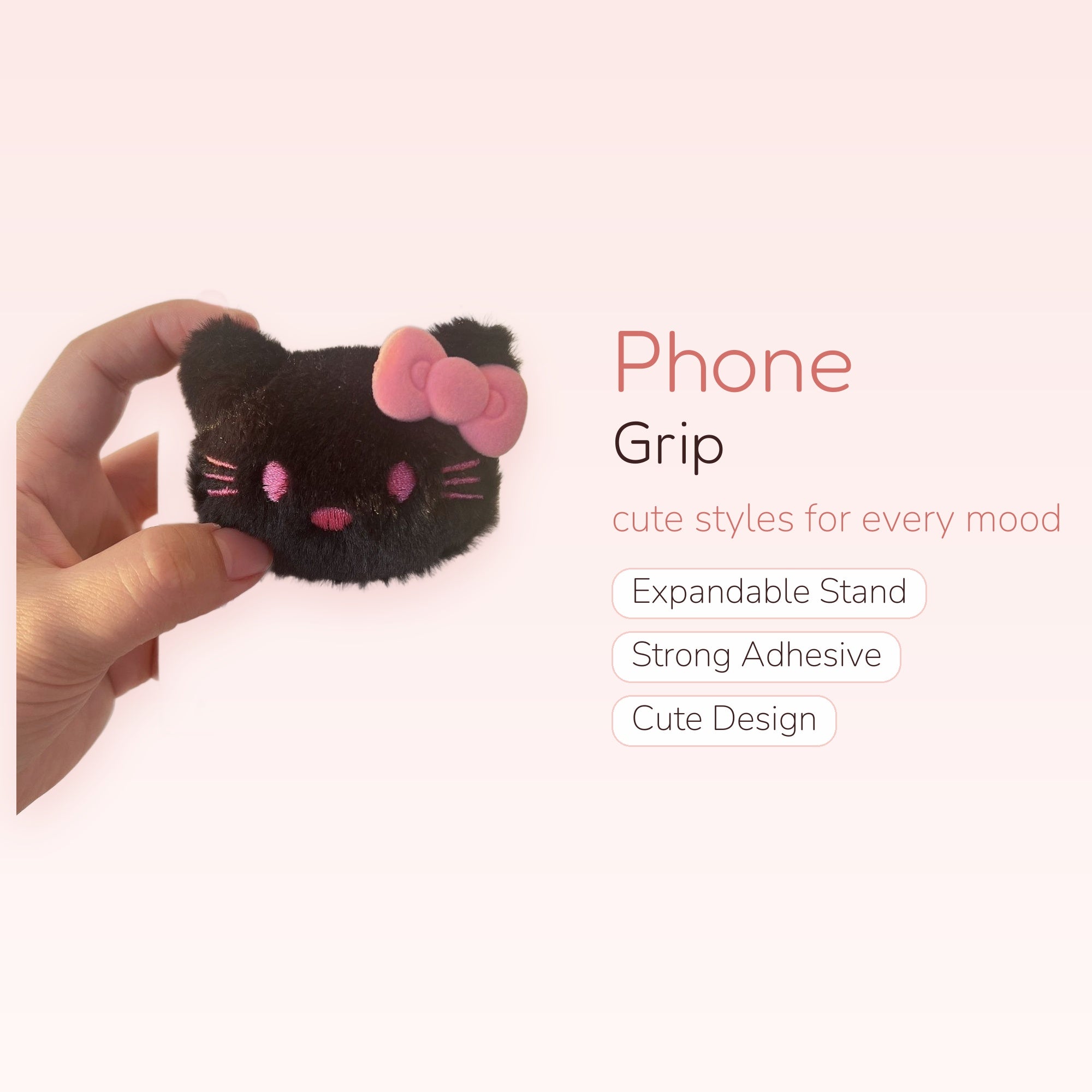 Black Fluffy Hello Kitty Phone Grip | Kawaii Pop Socket Stand