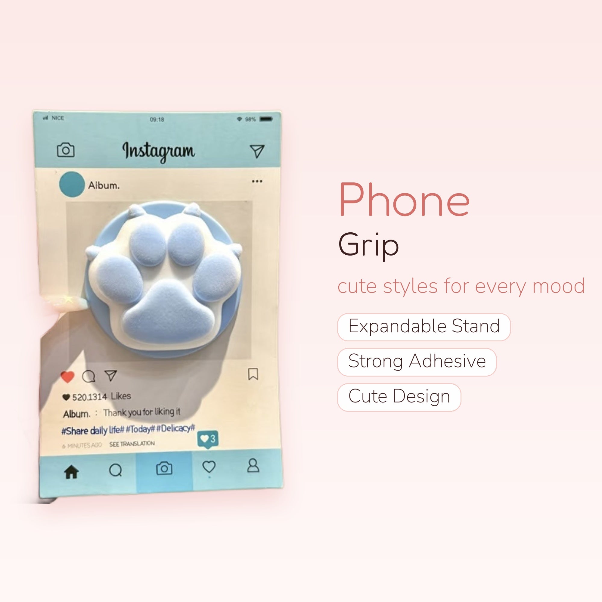 Kawaii Blue Paw Print Phone Grip | Cute Fluffy Pop Socket Stand