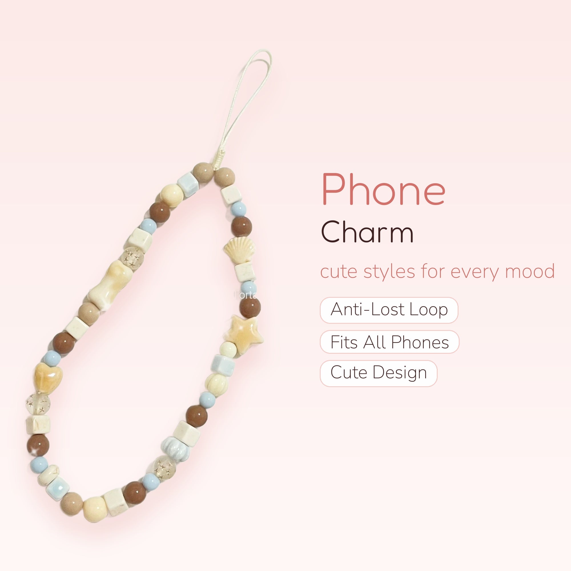 Kawaii Pastel Beaded Phone Charm Strap | Sweet Brown & Blue Wrist Lanyard
