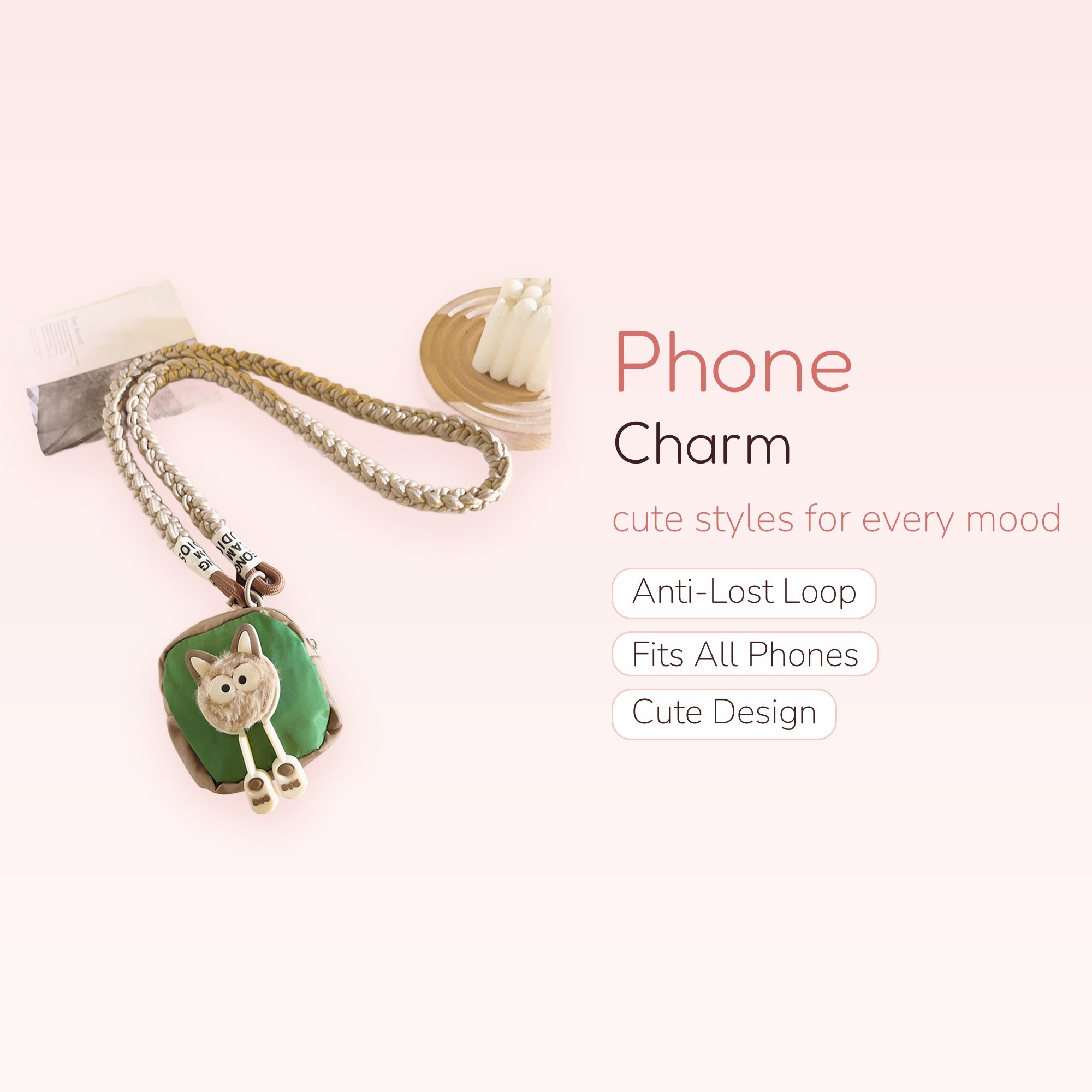 Cute Braided Lanyard Phone Charm with Fuzzy Animal Pouch | Aesthetic Green & Brown Crossbody Strap