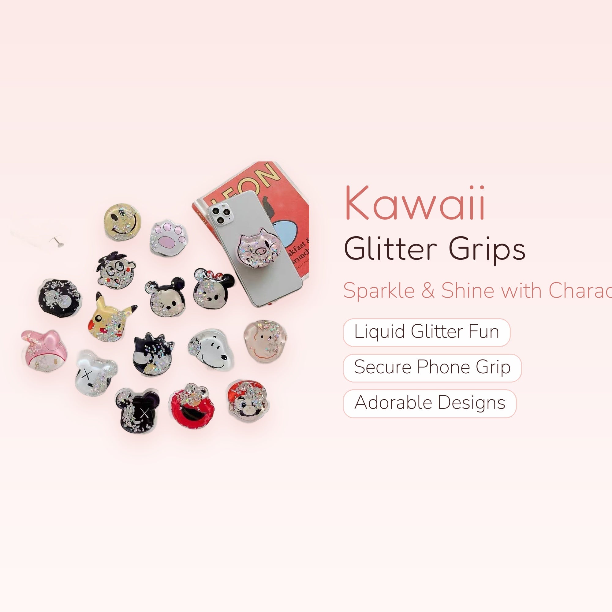 Kawaii Glitter Liquid Phone Grip Stand | Cute Character Pop Socket