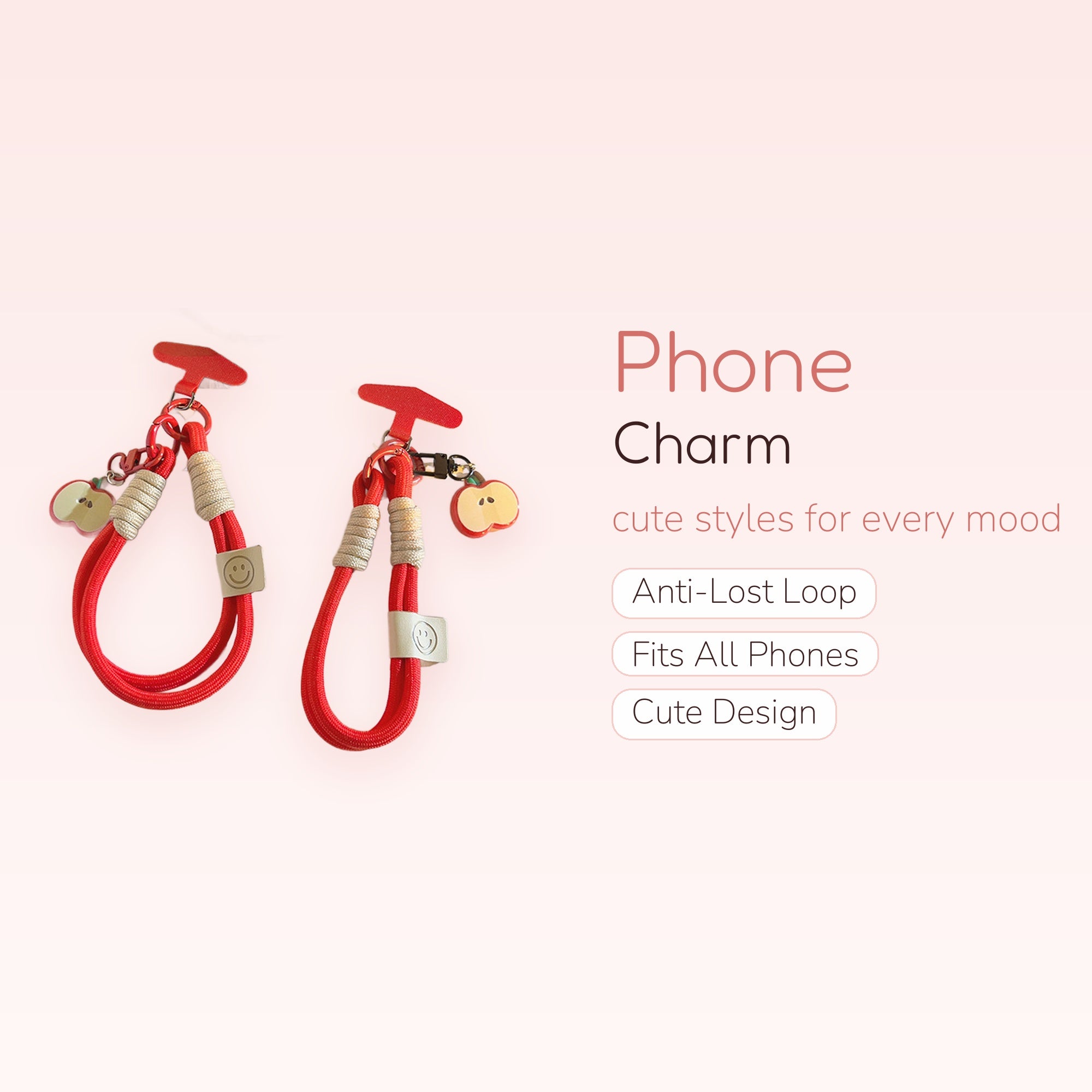 Red Apple Smiley Face Phone Charm Strap | Cute Wrist Lanyard
