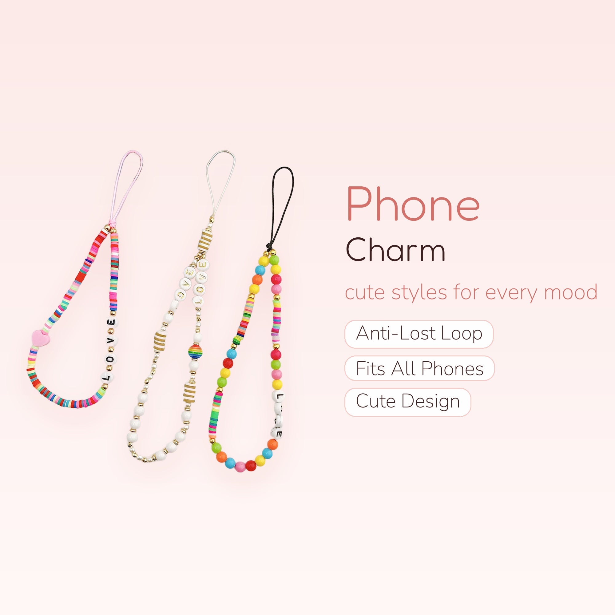 Aesthetic Beaded Phone Charm Strap with "LOVE" Letter Beads | Rainbow Clay Disc Wrist Lanyard