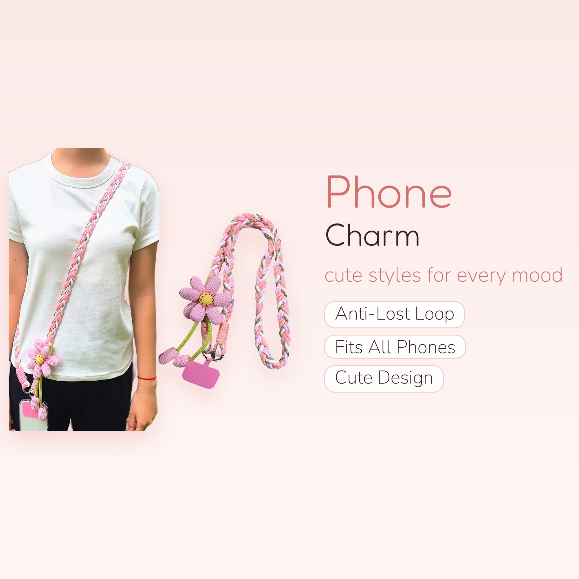 Cute Braided Daisy Phone Lanyard | Pink & Gold Crossbody Phone Strap