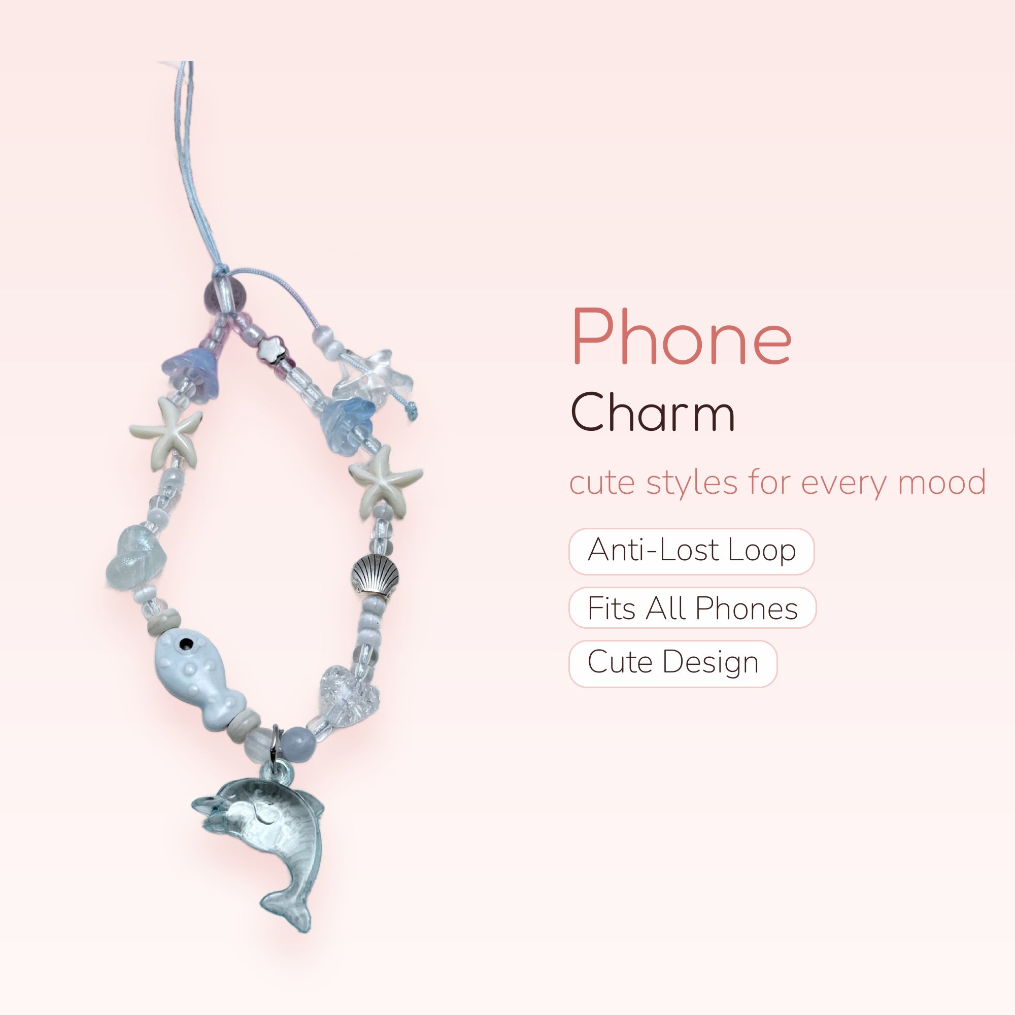 Aesthetic Blue Dolphin & Starfish Phone Charm | Ocean-Themed Beaded Wrist Strap