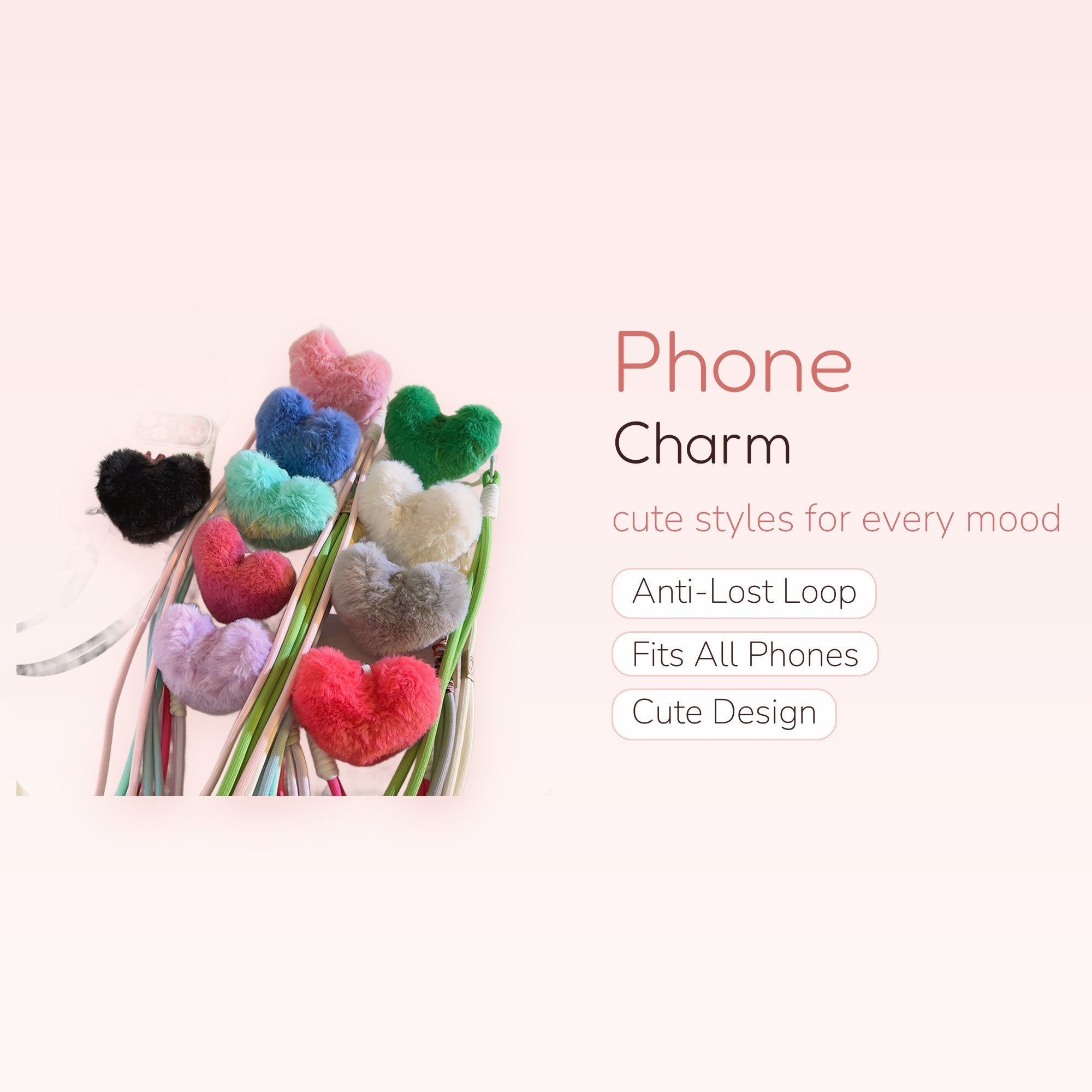 Fluffy Heart Phone Charm Lanyard | Kawaii Plush Heart Phone Strap
