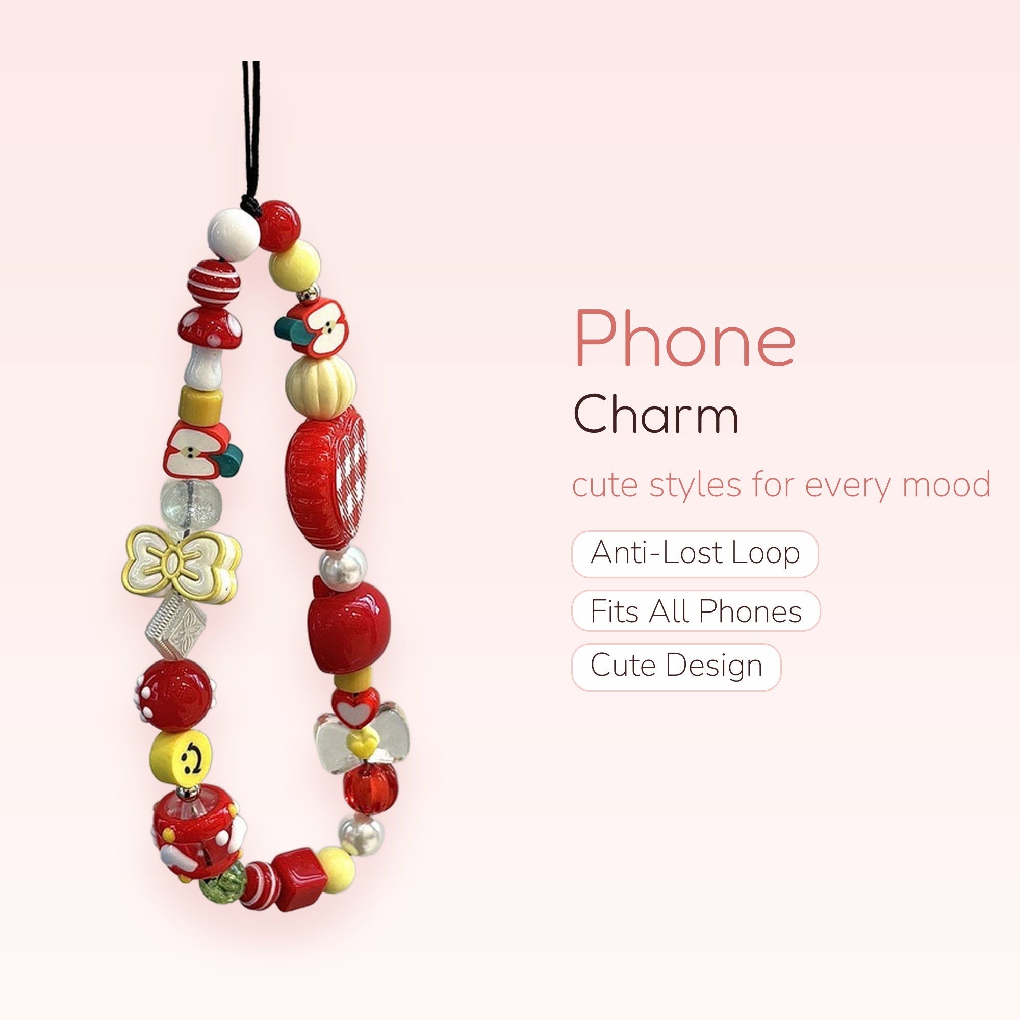 Cute Red & Yellow Beaded Phone Charm | Kawaii Mushroom Apple Bow Wrist Strap